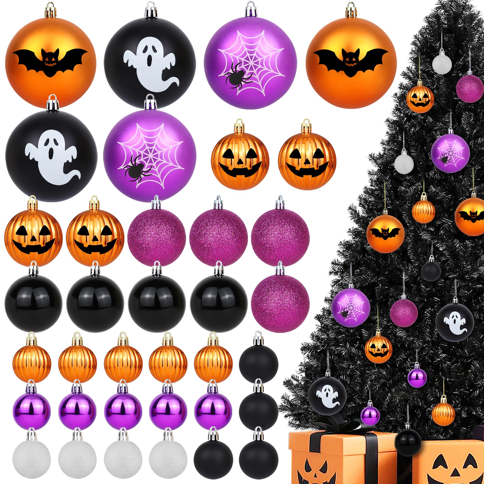 Halloween Ball Ornaments for Tree, 36PCS Halloween Tree Decorations Shatterproof Pumpkin Bat Spider Ghost Ornaments Hanging Ball