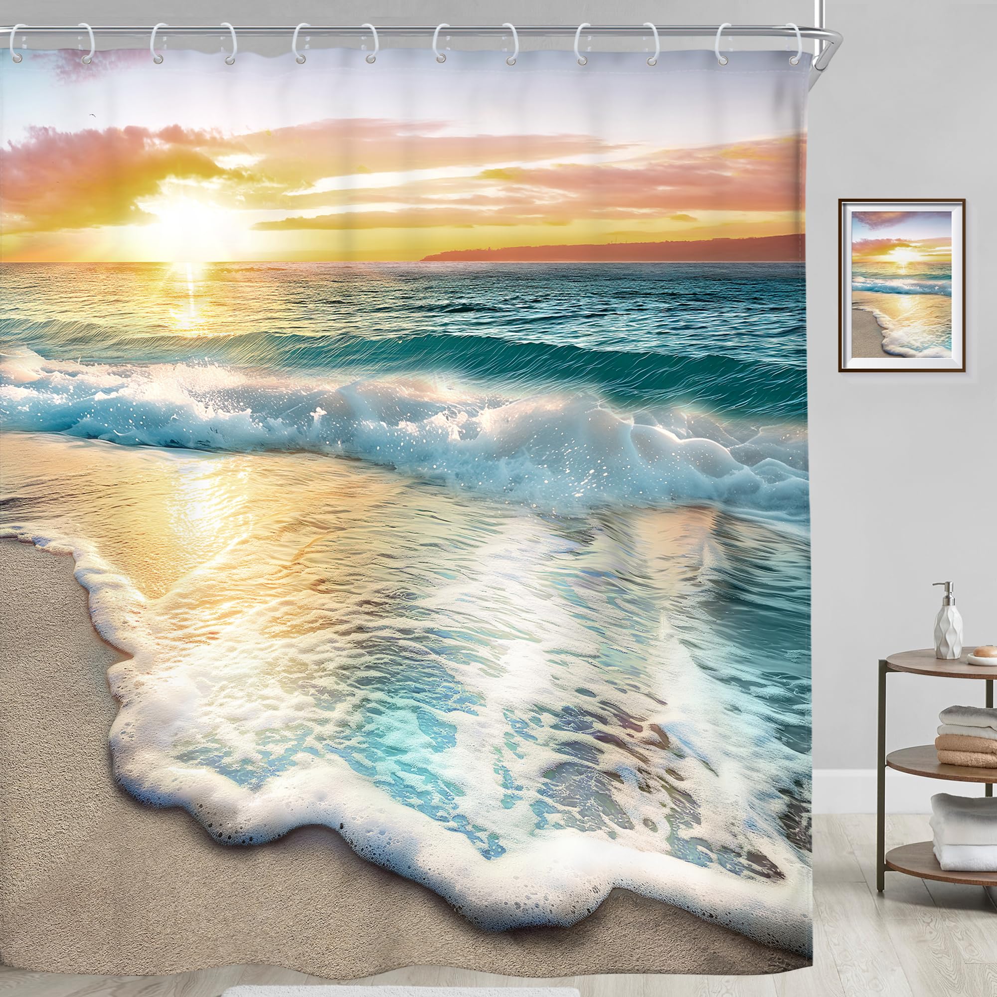 Riyidecor Beach Ocean Themed Cloth Fabric Decorative Shower Curtain Sets for Bathroom Sunrise Sunset View Scene 72x72 Inch Hawaii Seashore Summer Coastal Seaside Seascape 12 Hooks Waterproof BB-JWXP