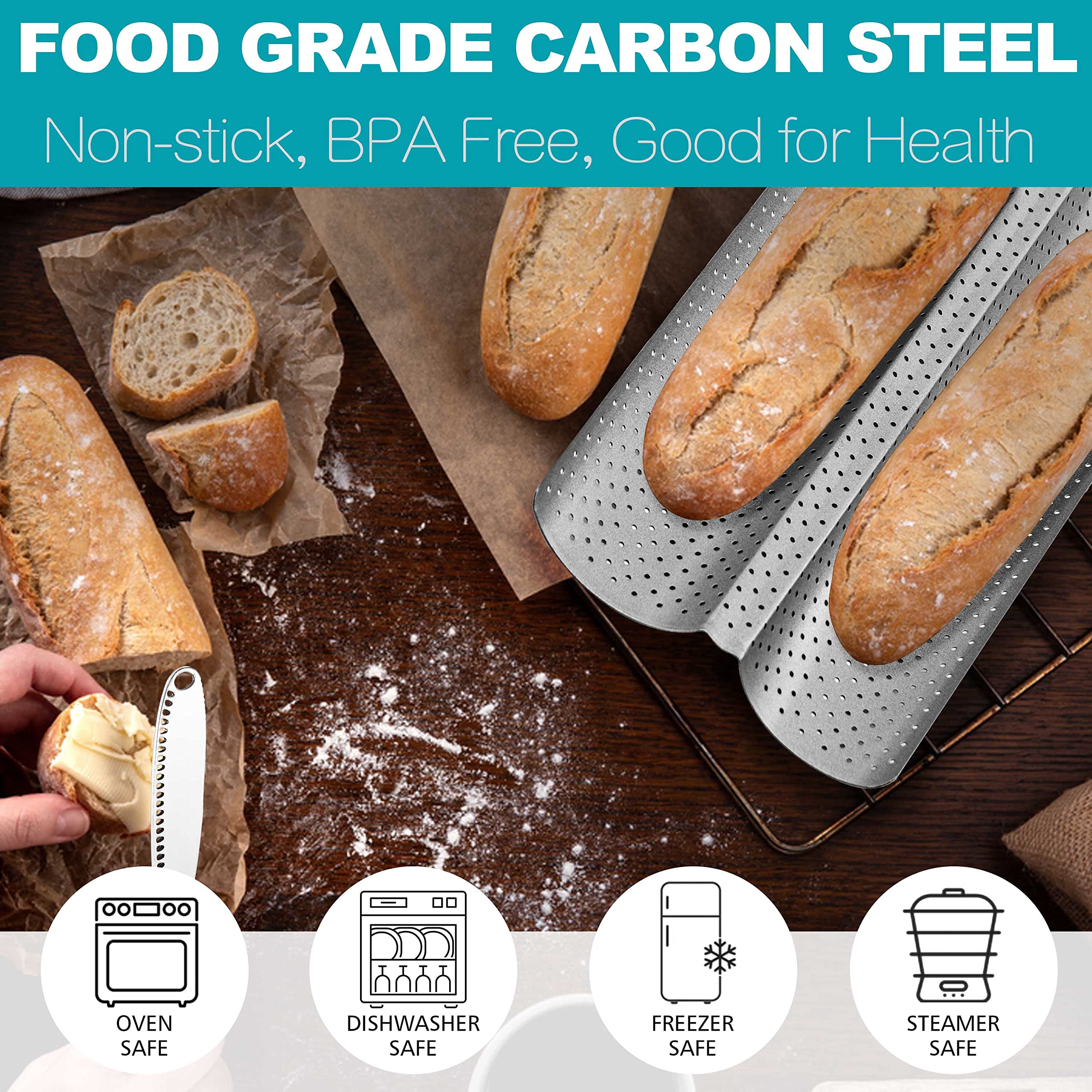 Anaeat Nonstick Perforated French Bread Baking Pan, 15''X 6.3'' Premium Toast Mold Great For 2 Loaves Baguettes, French & Italia