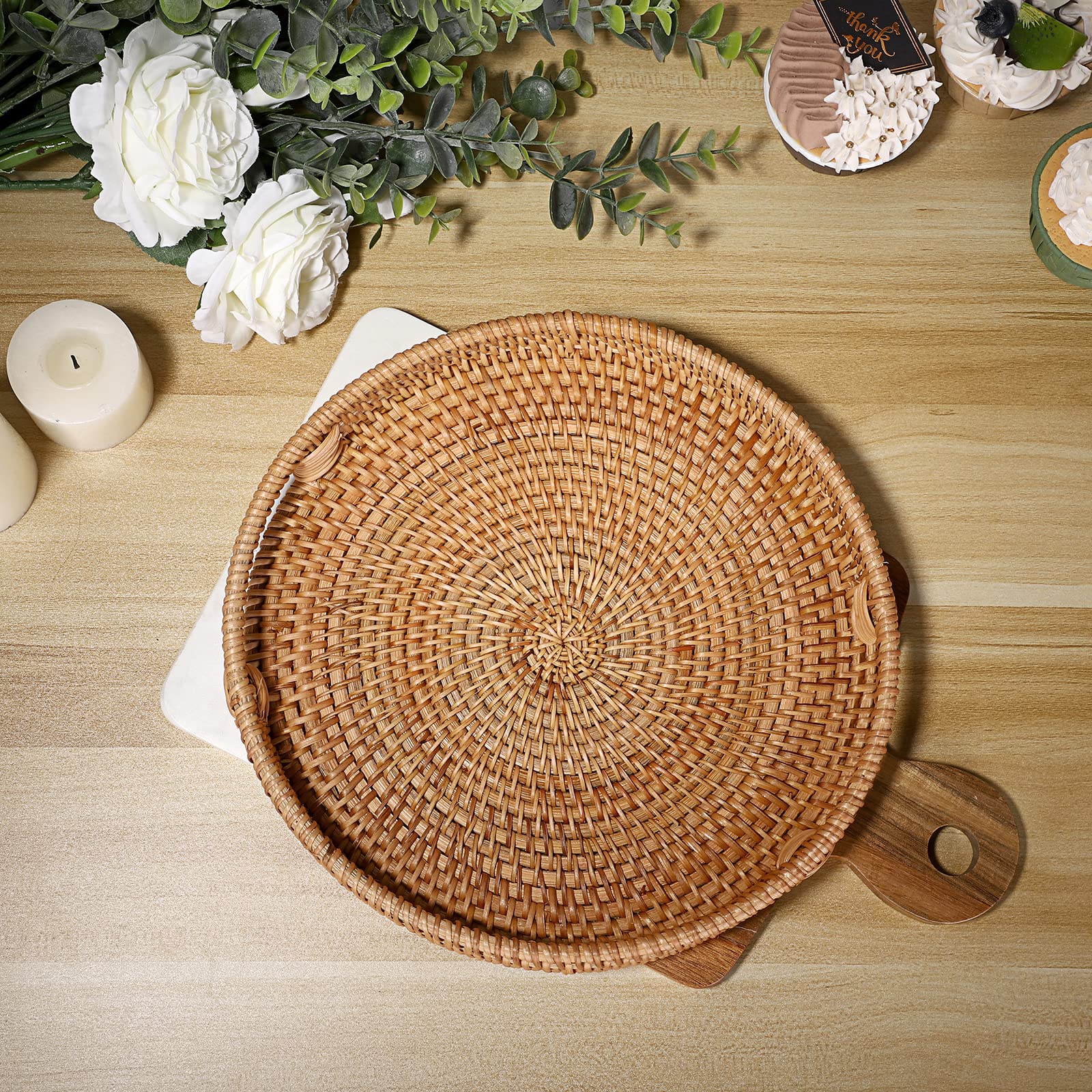 Hipiwe 10'' Round Rattan Serving Tray With Handles, Hand-Woven Decorative Organizer Tray For Storage Breakfast Drinks Snack, Cen