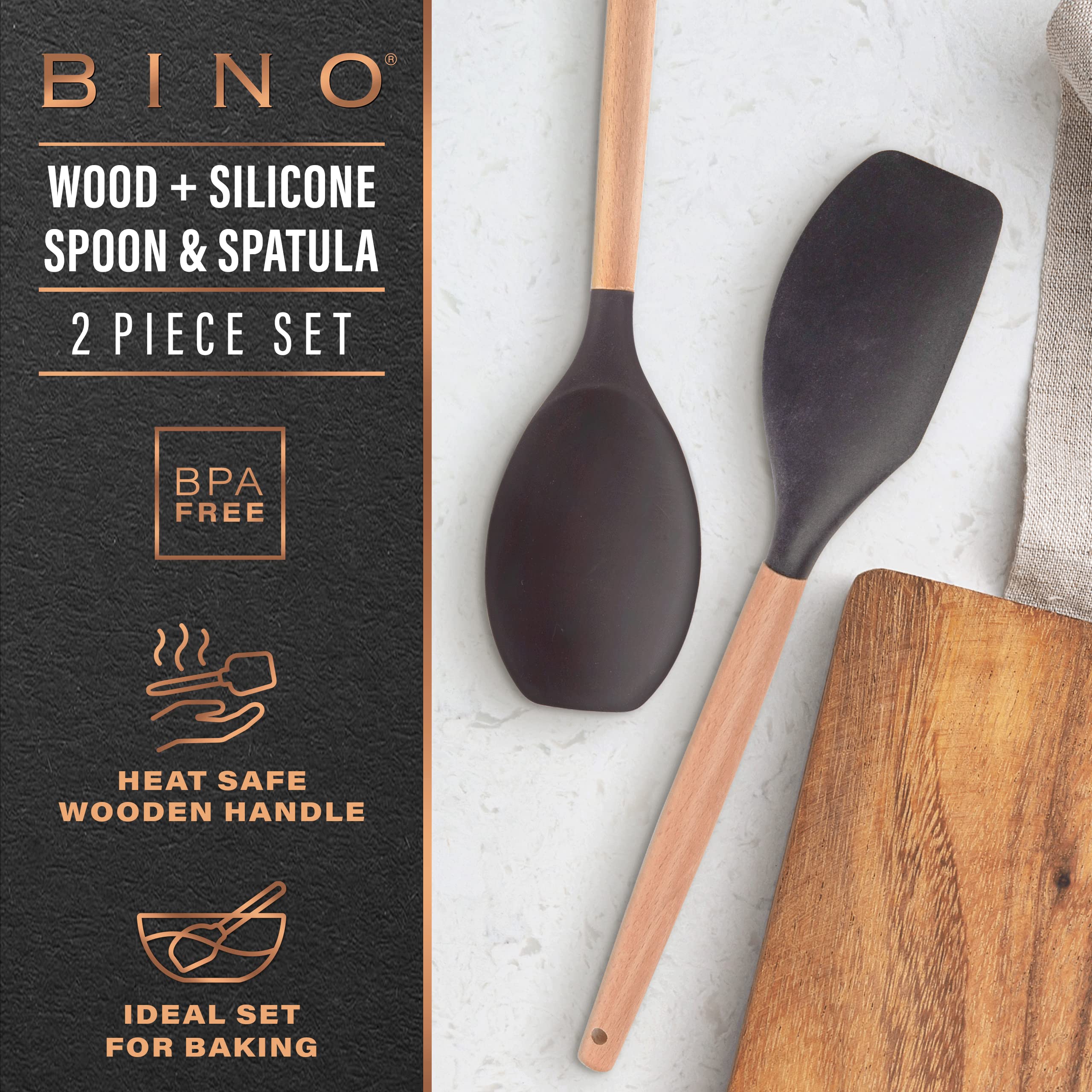 Bino 2-Piece Wooden Handle Silicone Mixing Spoons & Spatulas Set - Black | Heat Resistant Kitchen Utensils For Nonstick Cookware