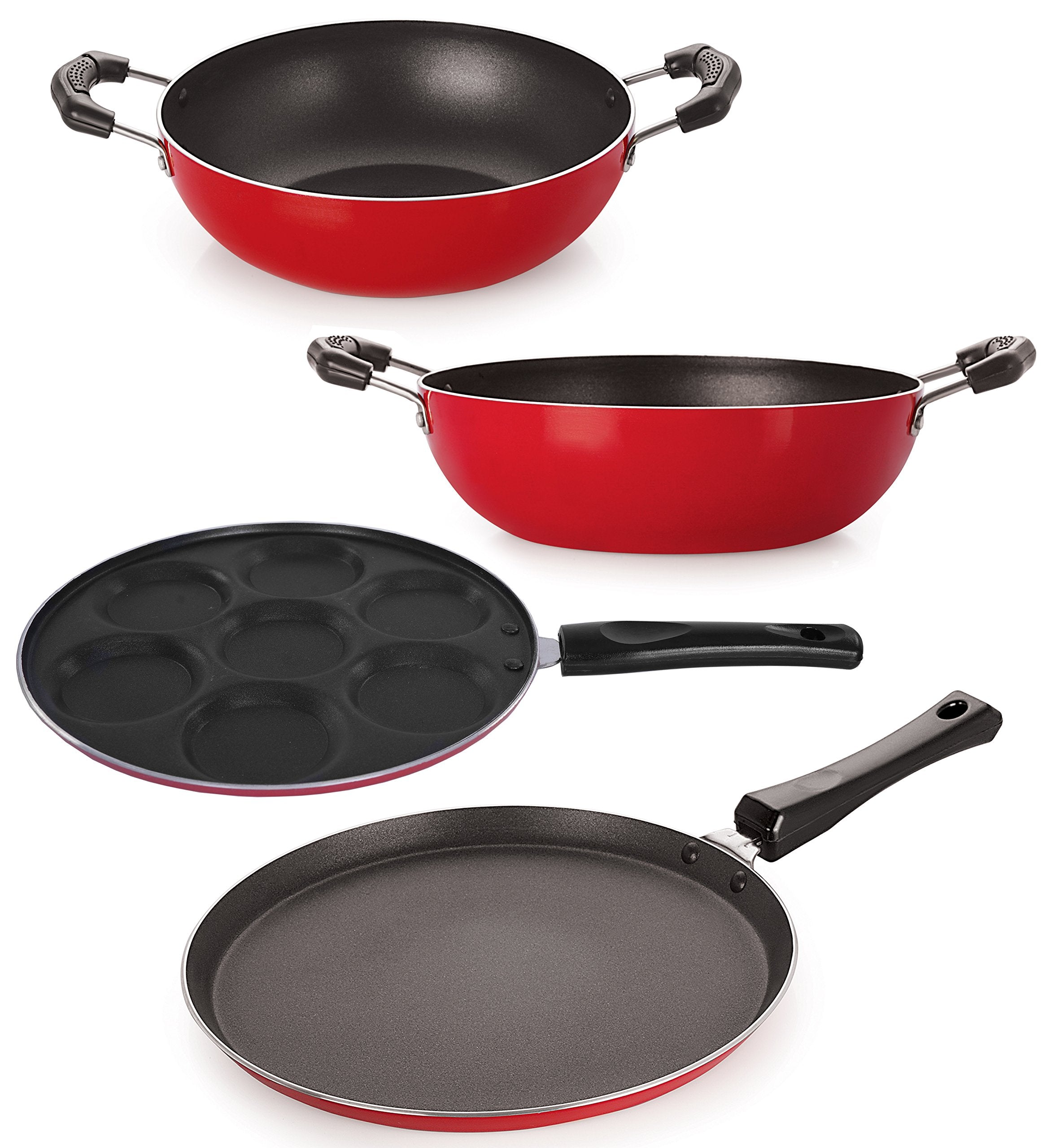 Nirlon NonStick Aluminium Cookware Set, 4Pieces, Red (26_Ft12_Kd12_Kd14_Up)