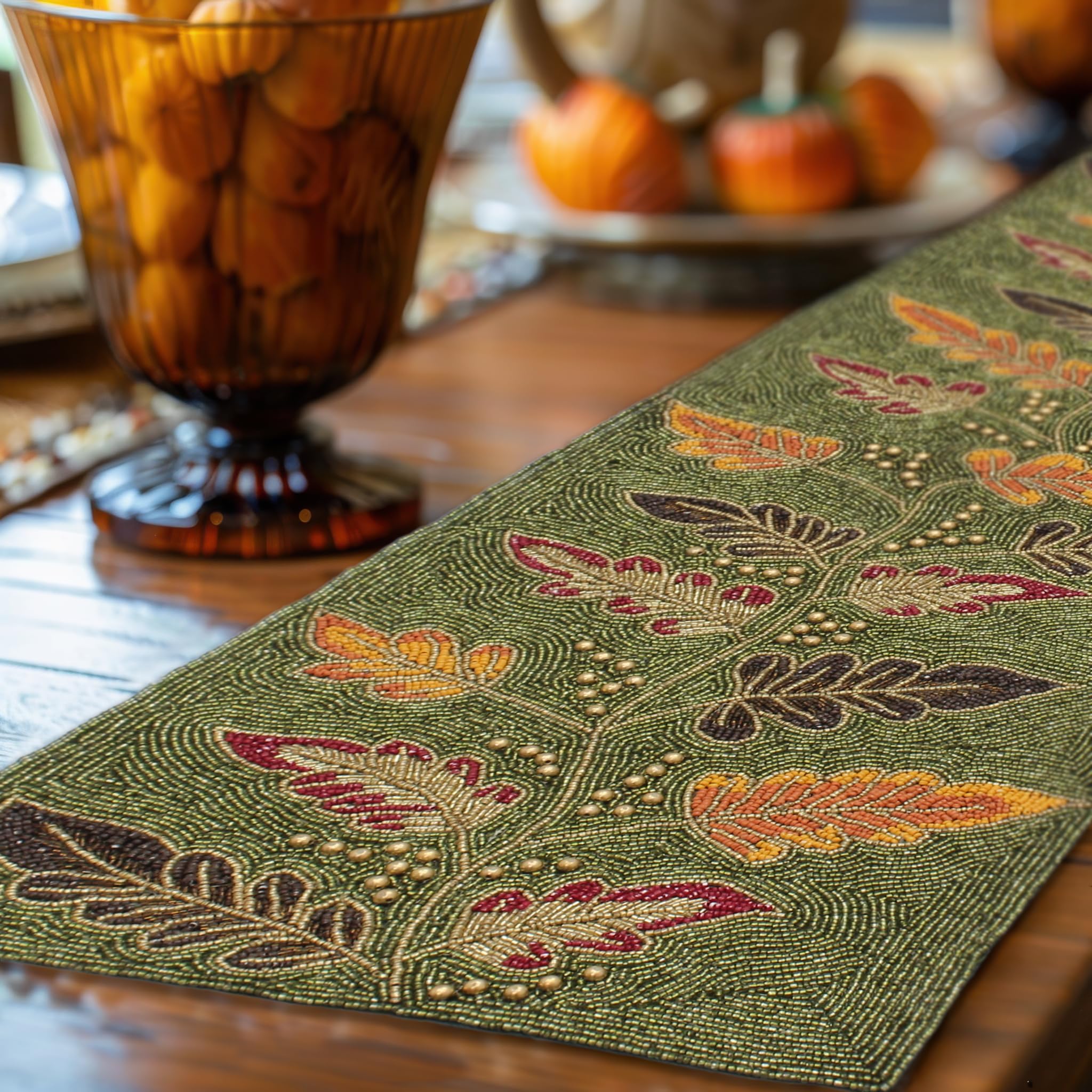COTTON CRAFT Harvest Beaded Table Runner - Fall Leaves Autumn Foliage Handmade Tablerunner - Thanksgiving Halloween Christmas Ce