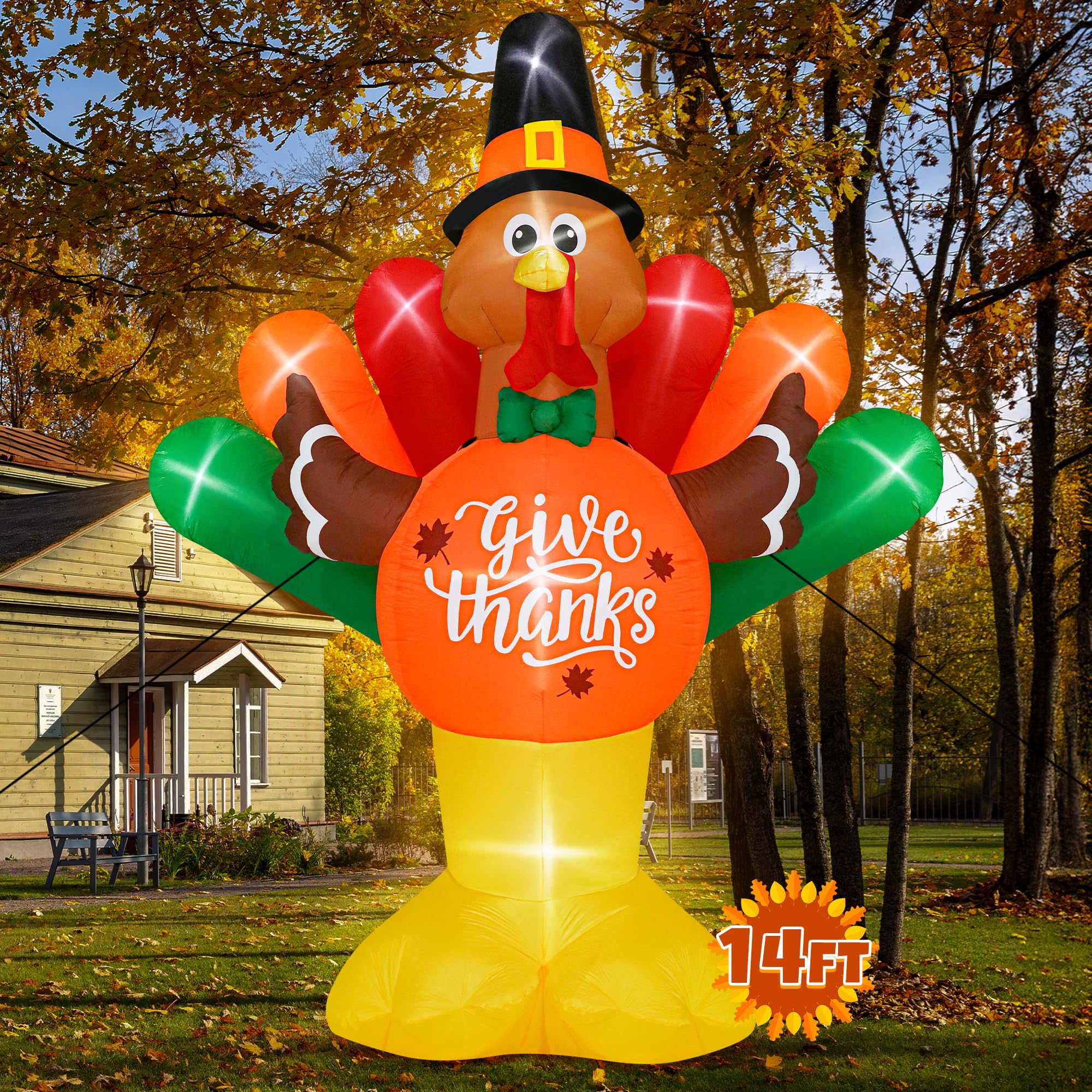 14FT Thanksgiving Inflatables Turkey, Giant Blow Up Turkey with Colorful Tail, Lighted Thanksgiving Outdoor Decorations Give Tha