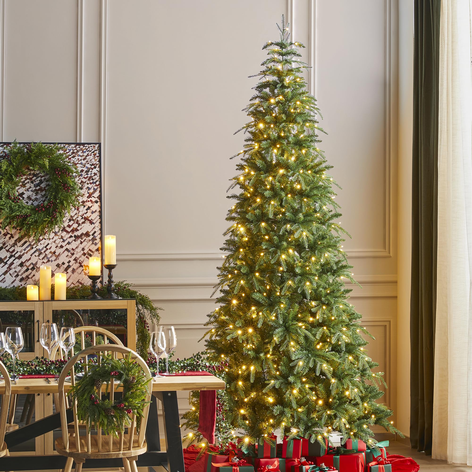 Glitzhome 9ft Prelit Christmas Tree, Artificial Christmas Tree with 650 Warm White/Multi-Color Lights, Slim Christmas Tree Radia
