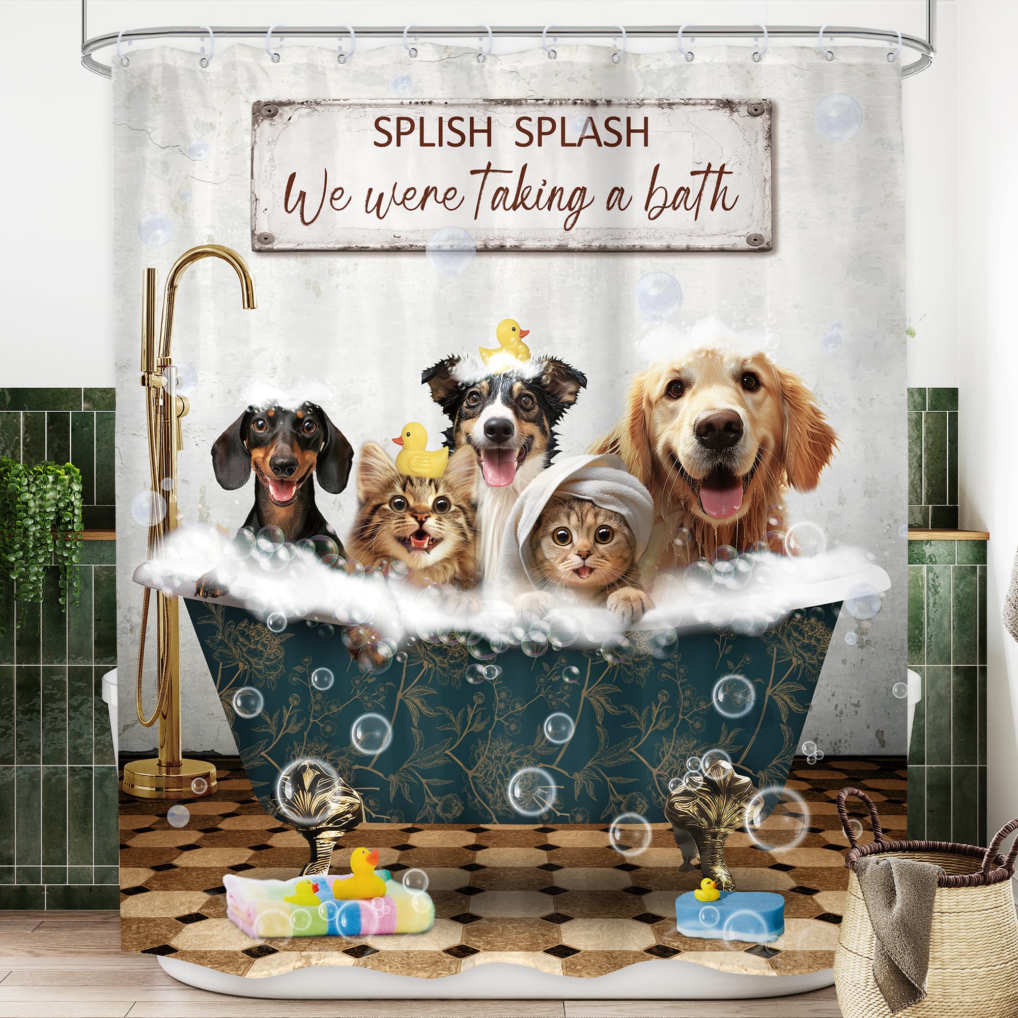 Lghtyro Funny Dogs Cats Shower Curtain Bathroom Set 60Wx71H Inches Wash Your Paws Doggy Cute Lovely Rustic Animals For Kids Boys