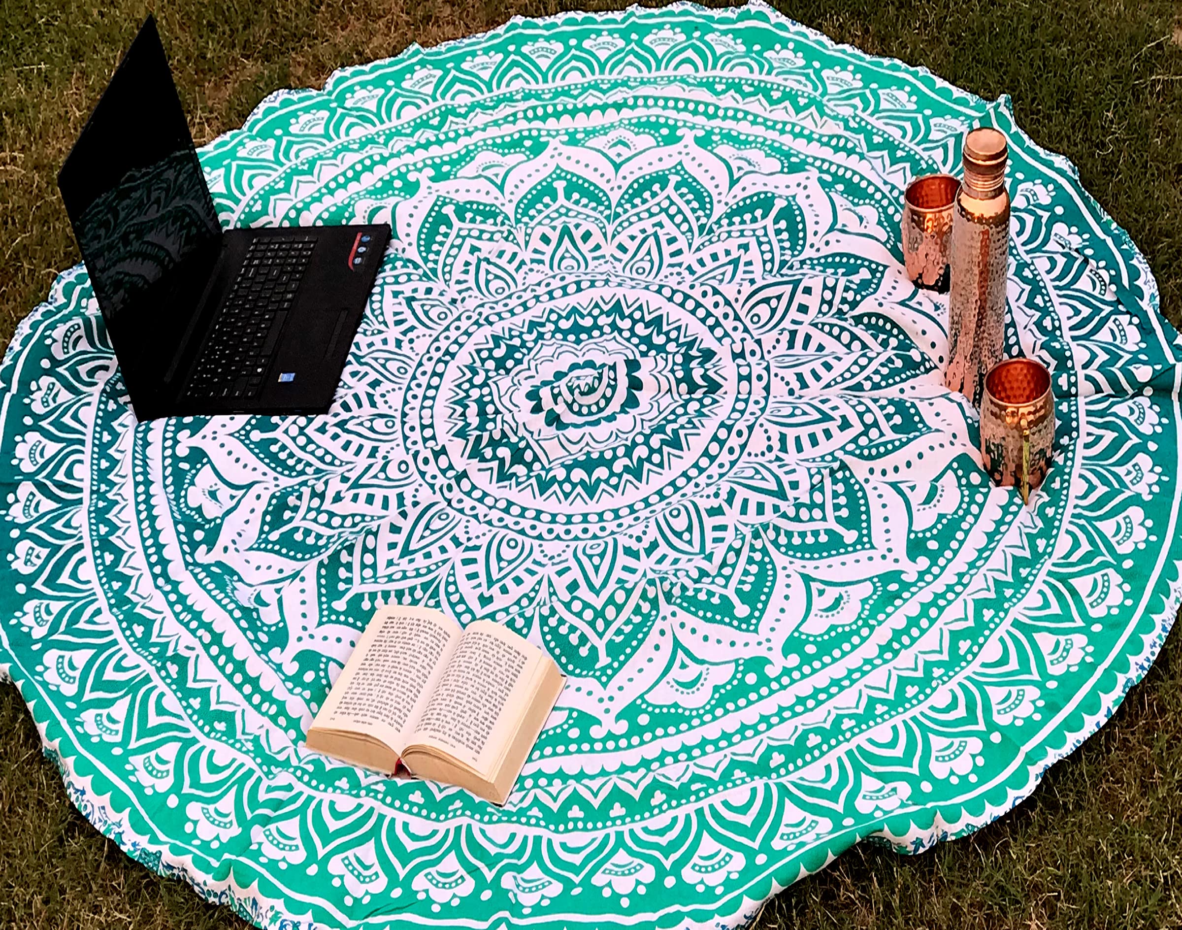 Raajsee Green Round Beach Tapestry Hippie/Boho Beach Blanket Mandala Roundie/Indian Cotton Throw - Round Tablecloth/Home Decor/I