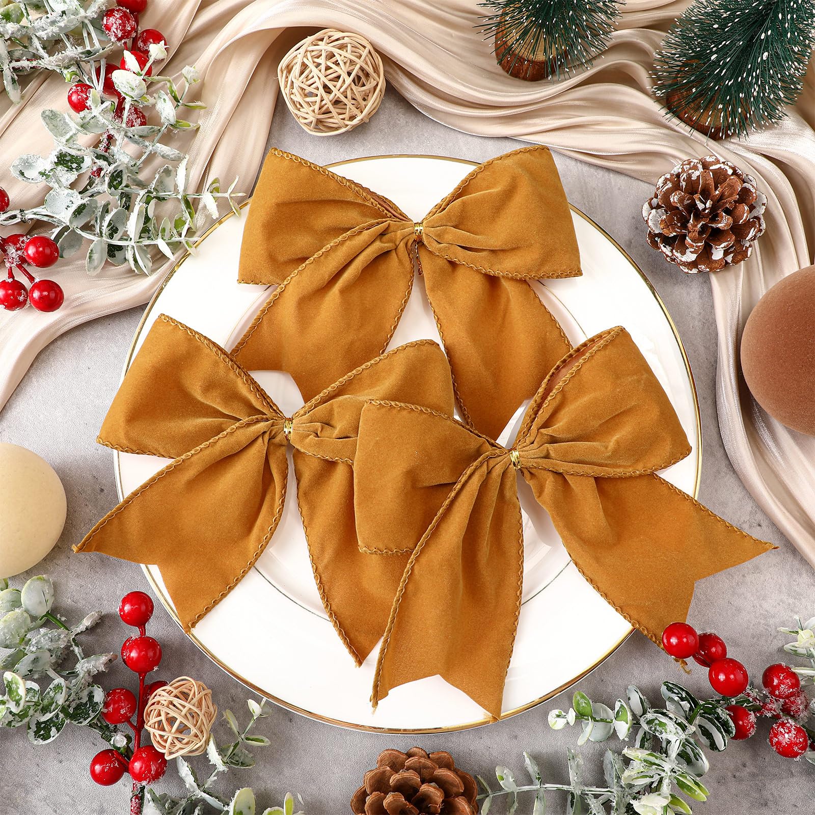 Janinka 12 Pcs Khaki Christmas Velvet Bows 6 Inch Rustic Wreath Gift Bows Vintage Xmas Velvet Ribbon Bow Ornaments for Xmas Farm