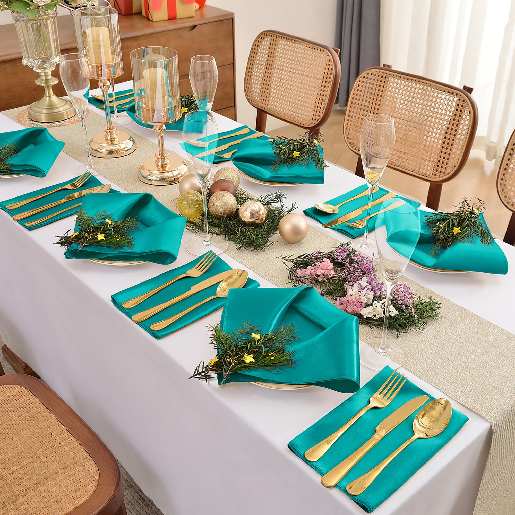 Eychei 50 Pieces Teal Satin Napkins, 17'' X 17'' Square Table Napkins, Silky Soft Smooth Washable Napkins For Restaurant, Weddin