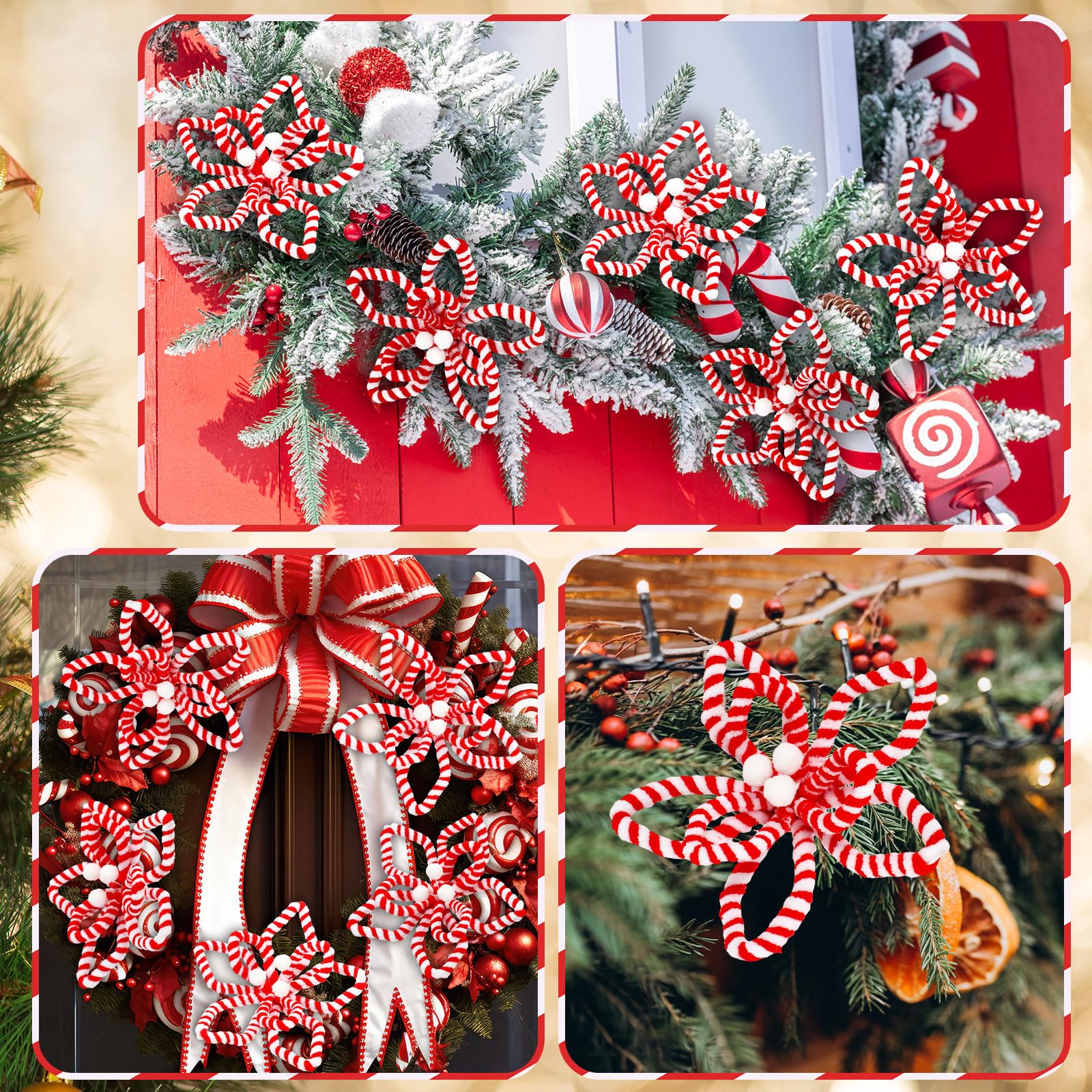 Bucherry 12 Candy Cane Christmas Ornaments Decorations, Silk Poinsettia Candy Cane Ornaments for Christmas Tree, Red White Peppe
