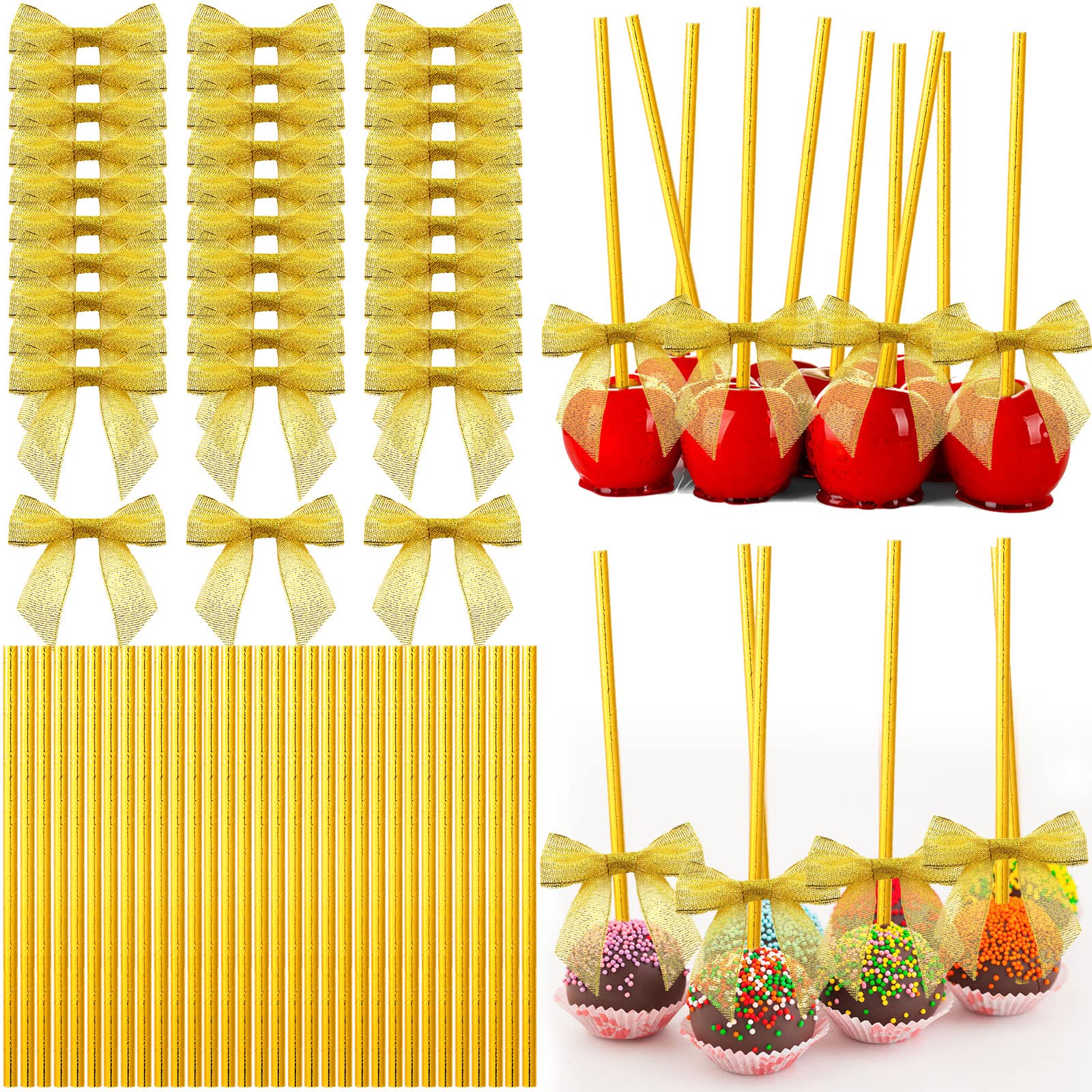 200 Cake Pop Sticks And Bows Kit For Cake Pops, Candies, Lollipops, Chocolates And Cookies Decorating, Include 100 Satin Ribbon