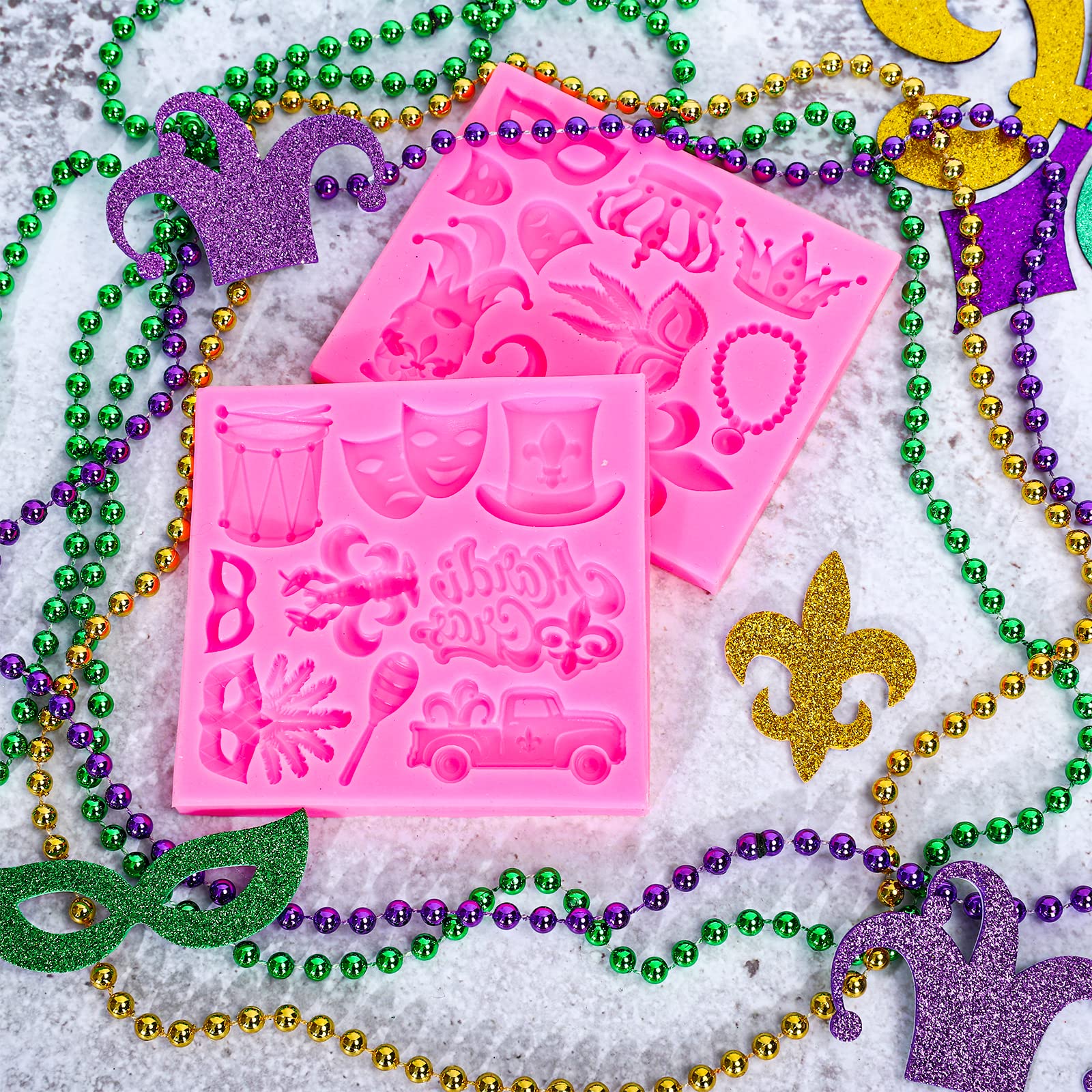 Whaline 2Pcs Mardi Gras Fondant Molds Masquerade Mask Fleur-De-Lis Crown Feather Mask Pattern 3D Silicone Mould Carnival Cupcake