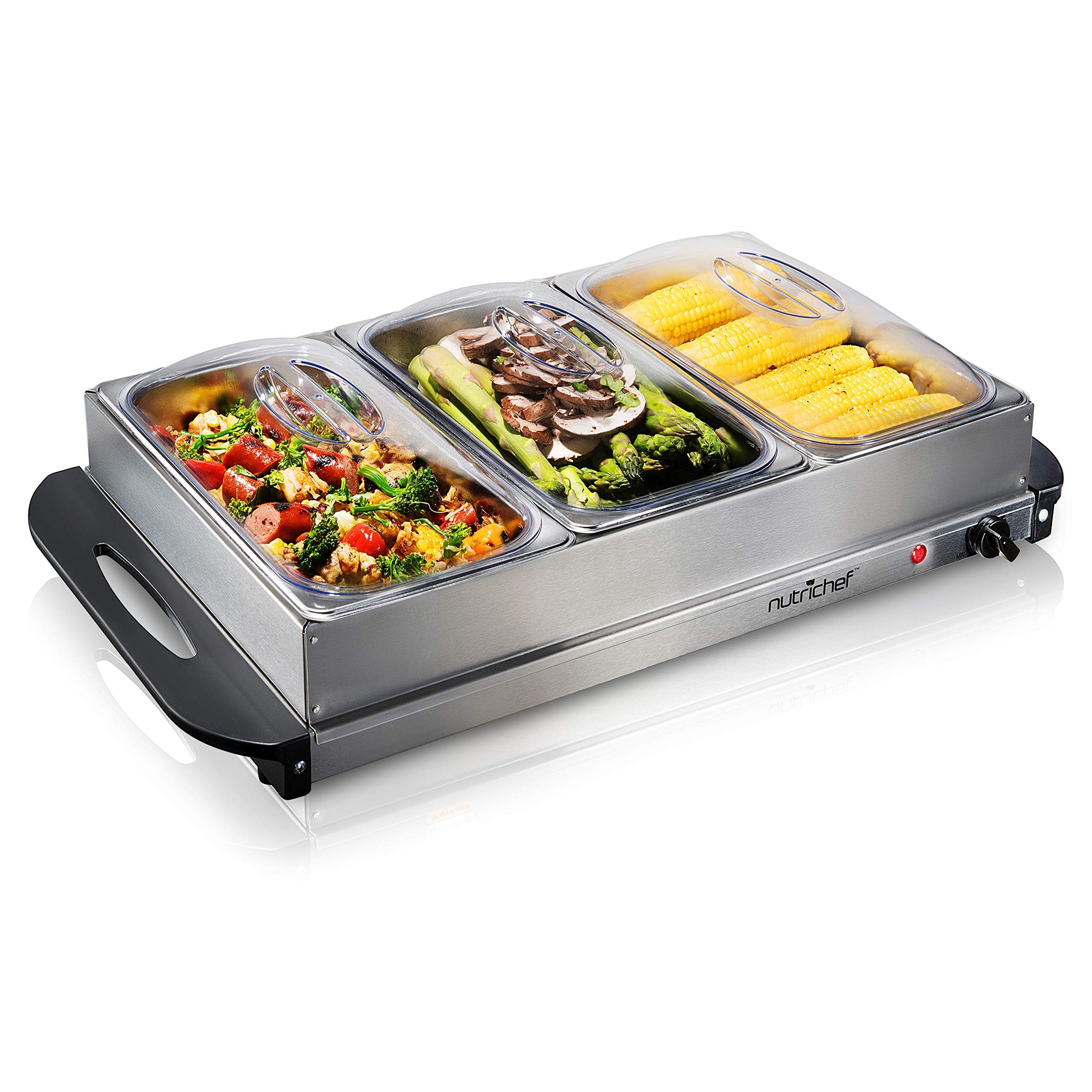 Nutrichef Professional Stainless Steel Buffet Warmer Server with 3 Trays | Portable Hot Plate Food Warmer Station for Parties & 