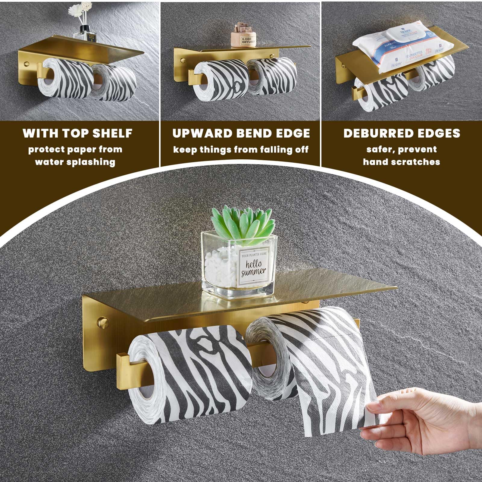 Toilet Paper Holder With Shelf Brushed Gold, Suyar 304 Stainless Steel Bathroom Double Paper Roll Holder With Phone Storage, Wal