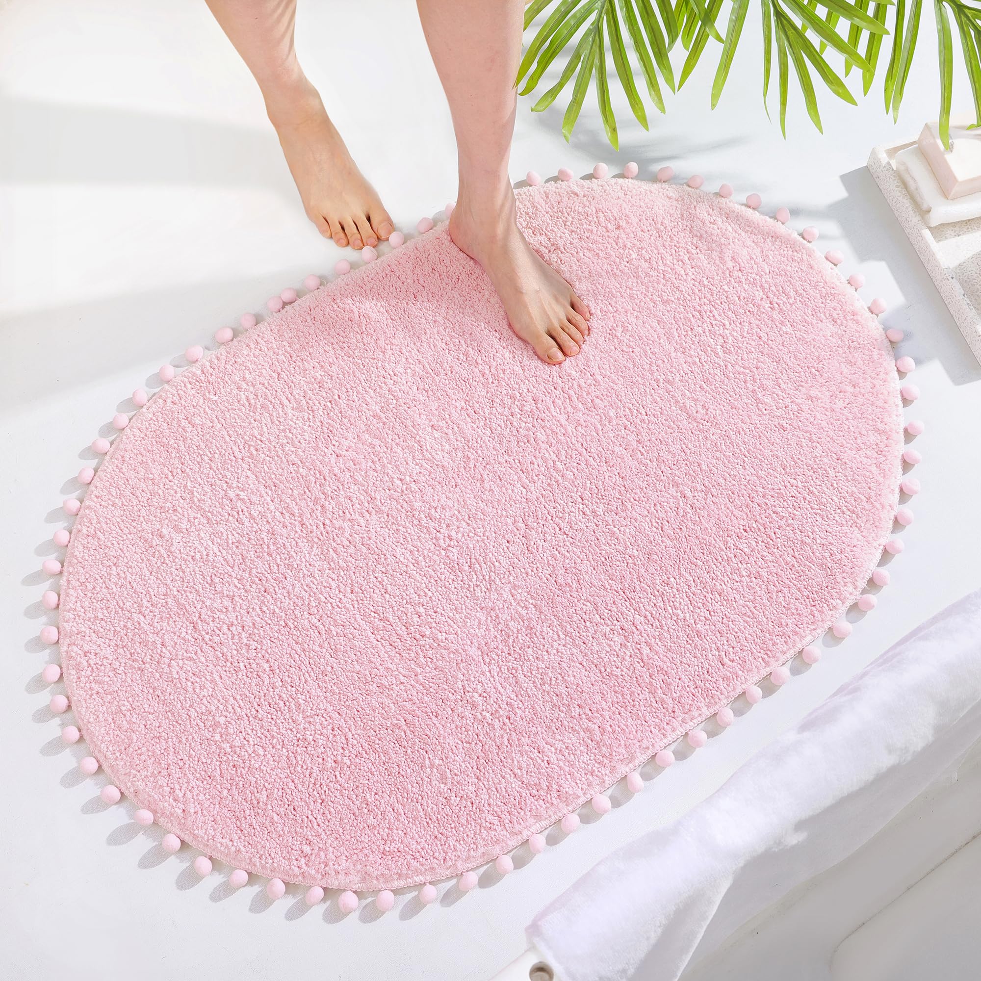 Yirddeo Bath Mat Pink Rug With Pom Oval Bathroom Rugs For Bedroom Non Slip Cute Boho Absorbent Mats Soft Plush Washable Rug (24X