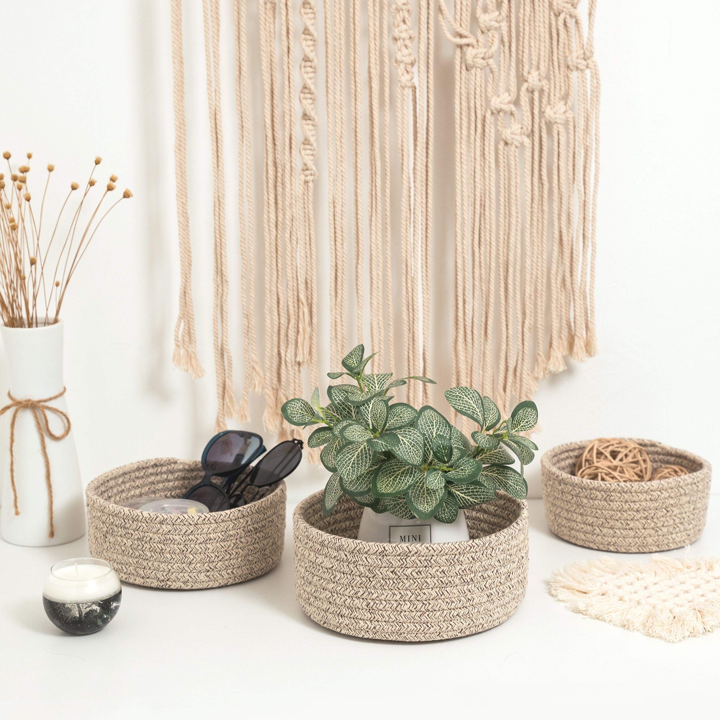 Mintwood Design Set Of 3 Cotton Rope Nesting Bowls, Small Catch All Basket, Cute Closet Baskets And Bins For Shelves, Mini Table