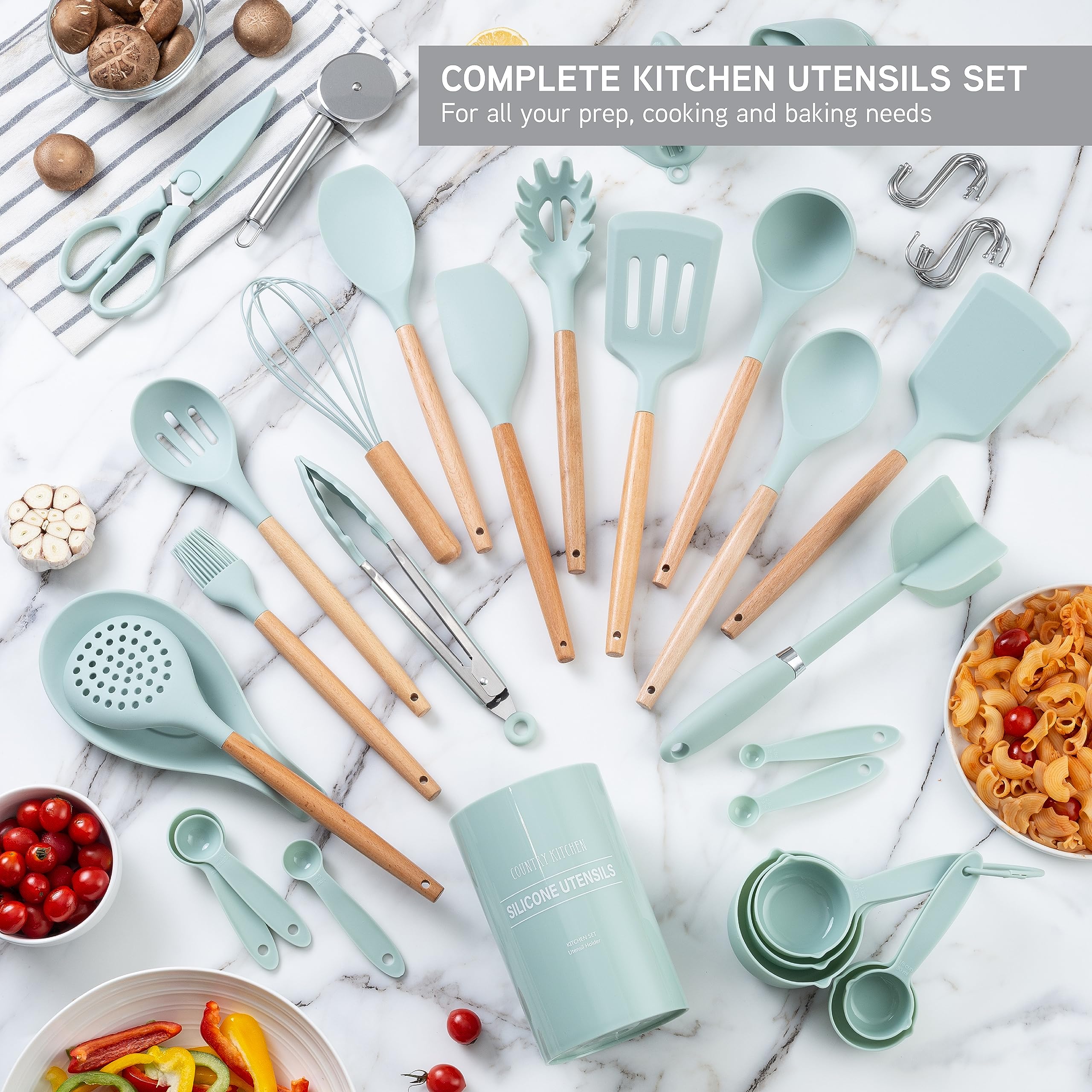 Country Kitchen Non Stick Silicone Utensil Set With Rounded Wood Handles For Cooking And Baking, 38 Piece Set, Mint