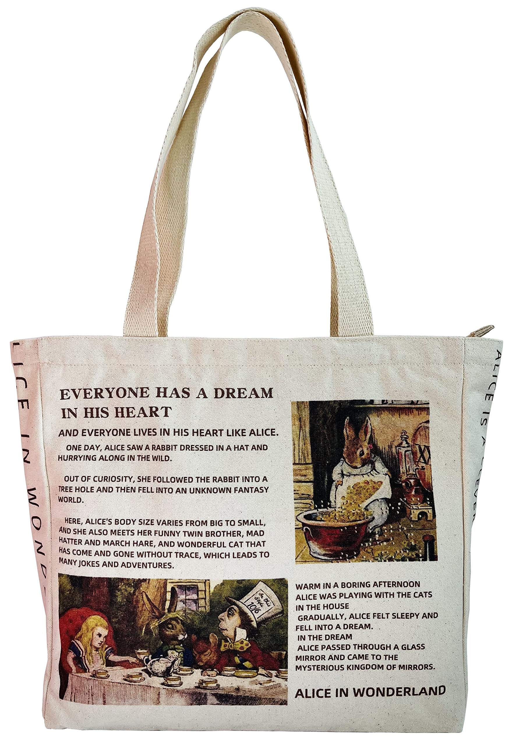 Haohakka Tote Bag Aesthetic, Canvas Graphic Trendy Cute Tote Bags With Zipper Pockets (Alice In Wonderland)