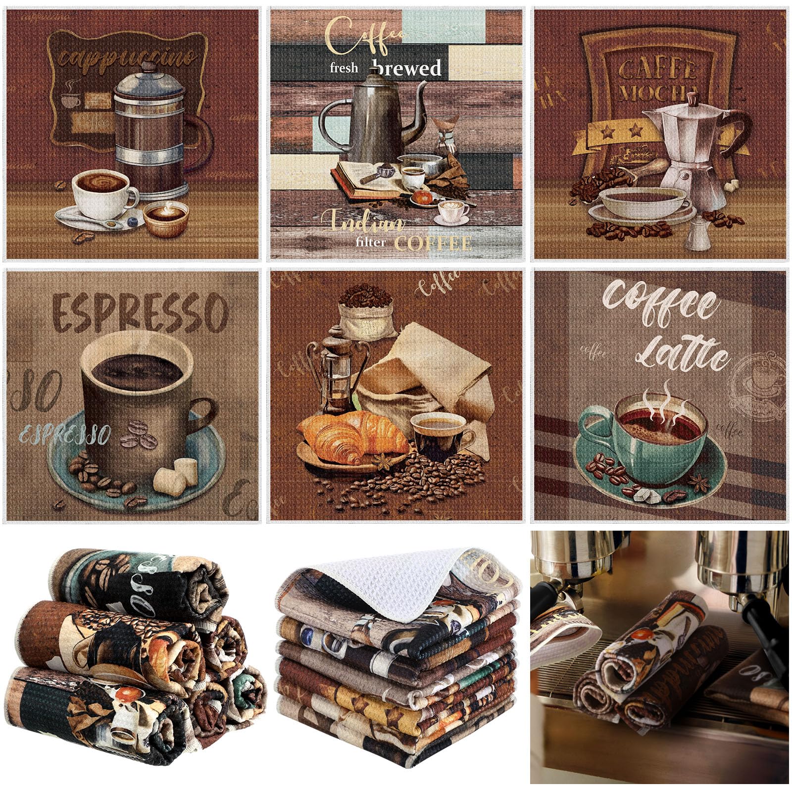 Boyiee Set of 6 Barista Kitchen Towels 12 x 12 Inches Coffee Waffle Dish Towels Absorbent Decorative Hand Dish Cloths Housewarmi