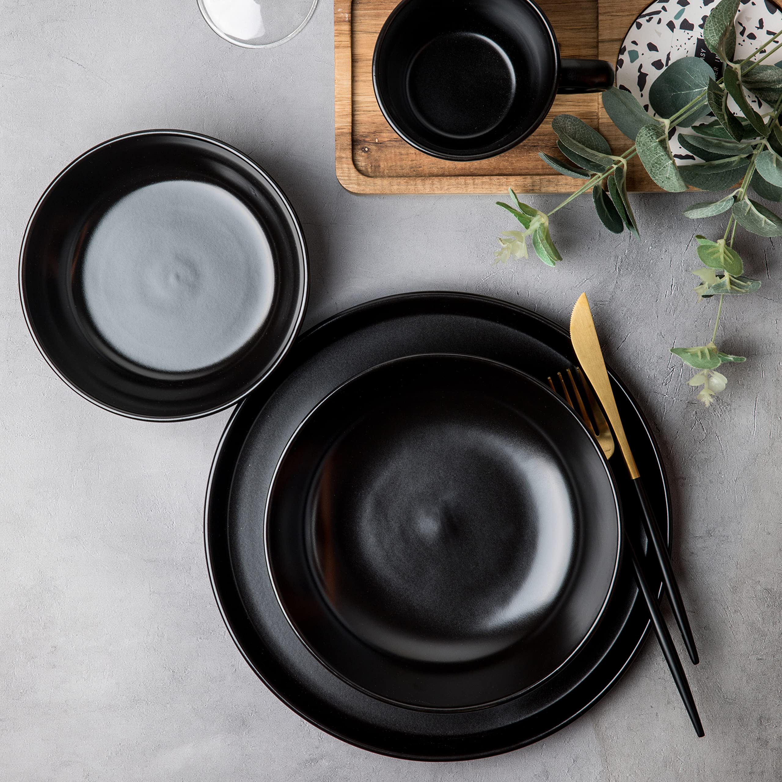 ARORA SKUGGA Round Stoneware 16pc Double Bowl Dinnerware Set for 4, Dinner Plates, Side Plates, Cereal Bowls, Pasta Bowls - Matt