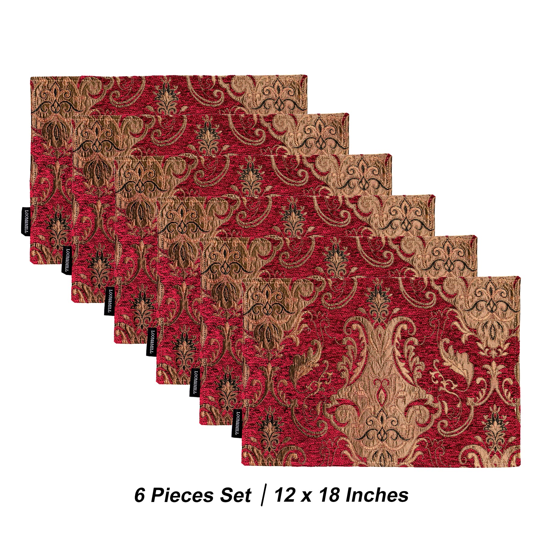 Loom And Mill Luxury Damask Placemats, Set Of 6 Vintage Jacquard Chenille Table Place Mats For Dining Table Kitchen Room Holiday