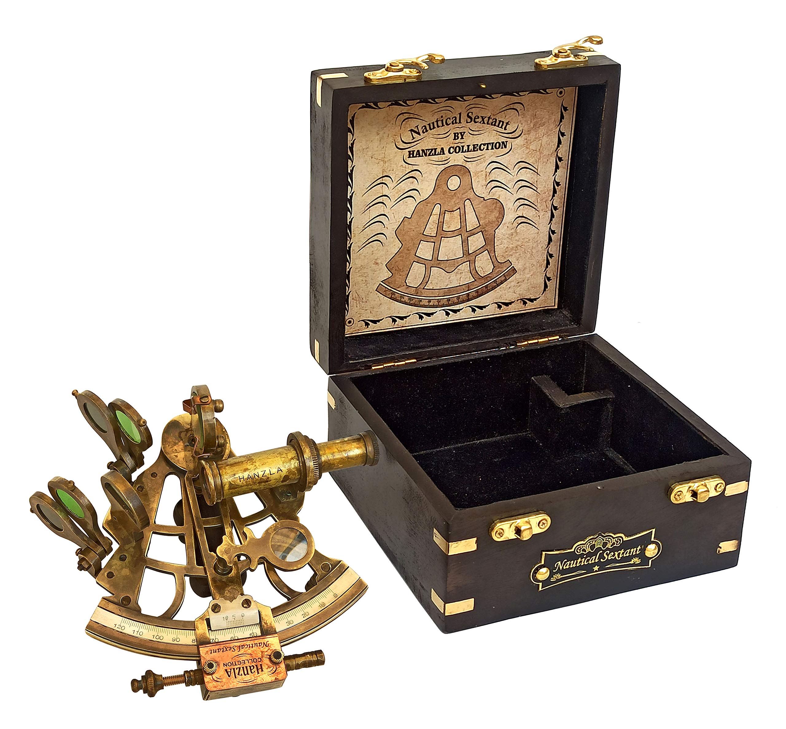 Hanzla Collection Brass Sextant for Navigation with Inbuild Compass Vintage Nautical Brass Sextant J. Scott Antique Sextant with
