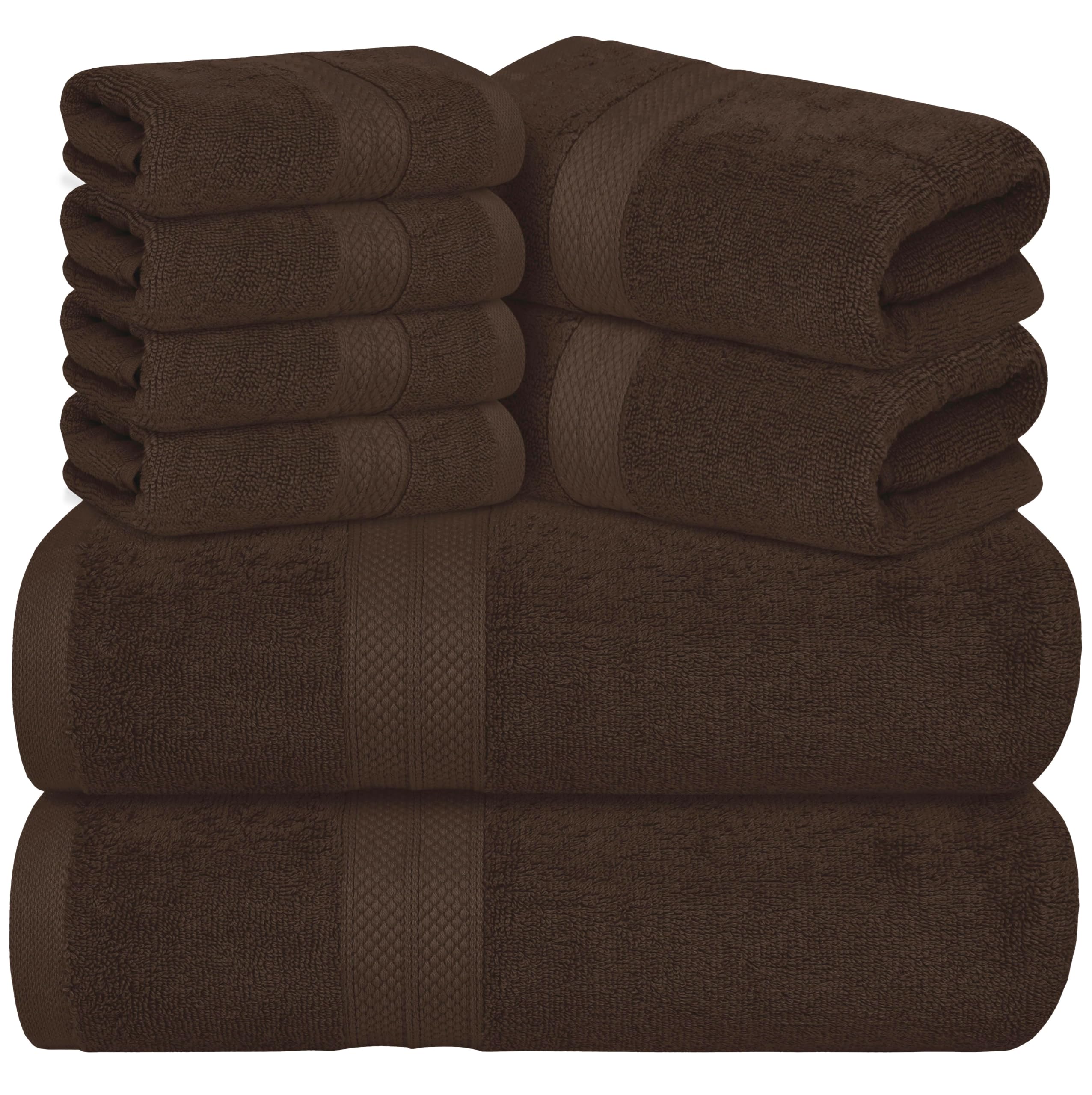 Avalon Towels Luxury 8 Piece Towels Set  2 Bath Towels  2 Hand Towels and 4 Washcloths Ring Spun Cotton 600 GSM  Highly Soft and Absorbent Towels for Bathroom  Hotel and Spa Quality (Brown)