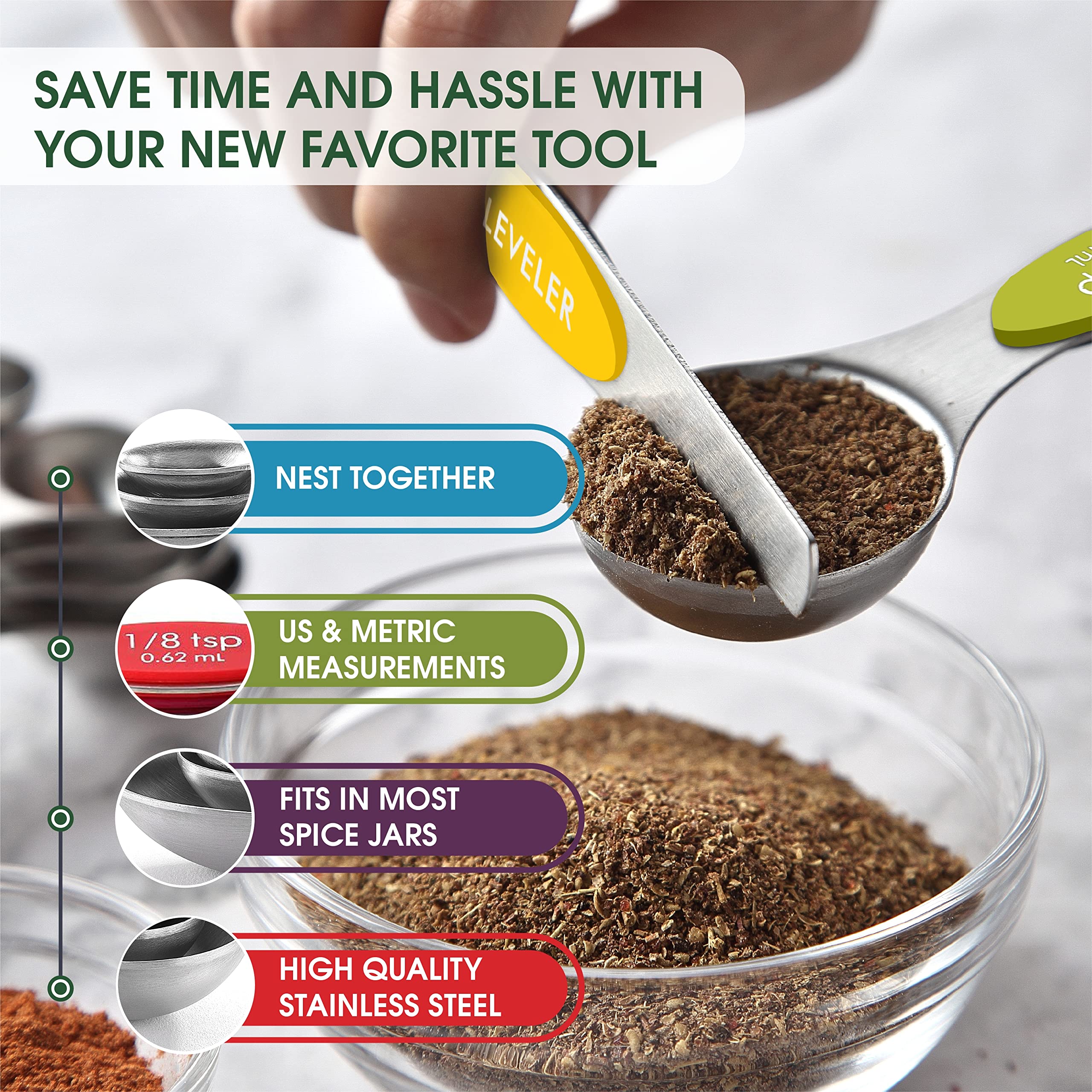 Spring Chef Magnetic Measuring Spoons Set, Dual Sided, Stainless Steel, Fits In Spice Jars, Multi-Color, Set Of 8, 2 Pack