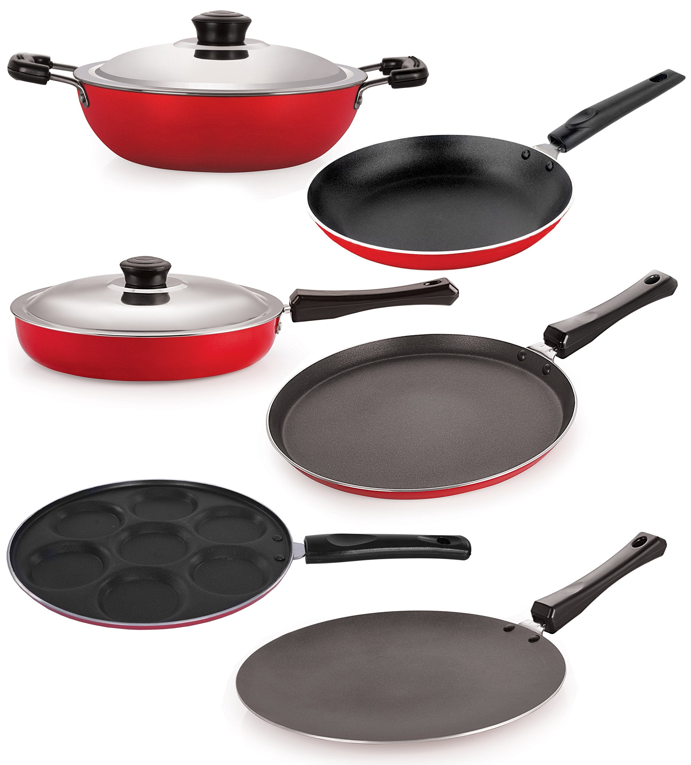 Nirlon NonStick Aluminium Cookware Set, 6Pieces, Red (26Ft12Ctfp12Dkdbtpup)