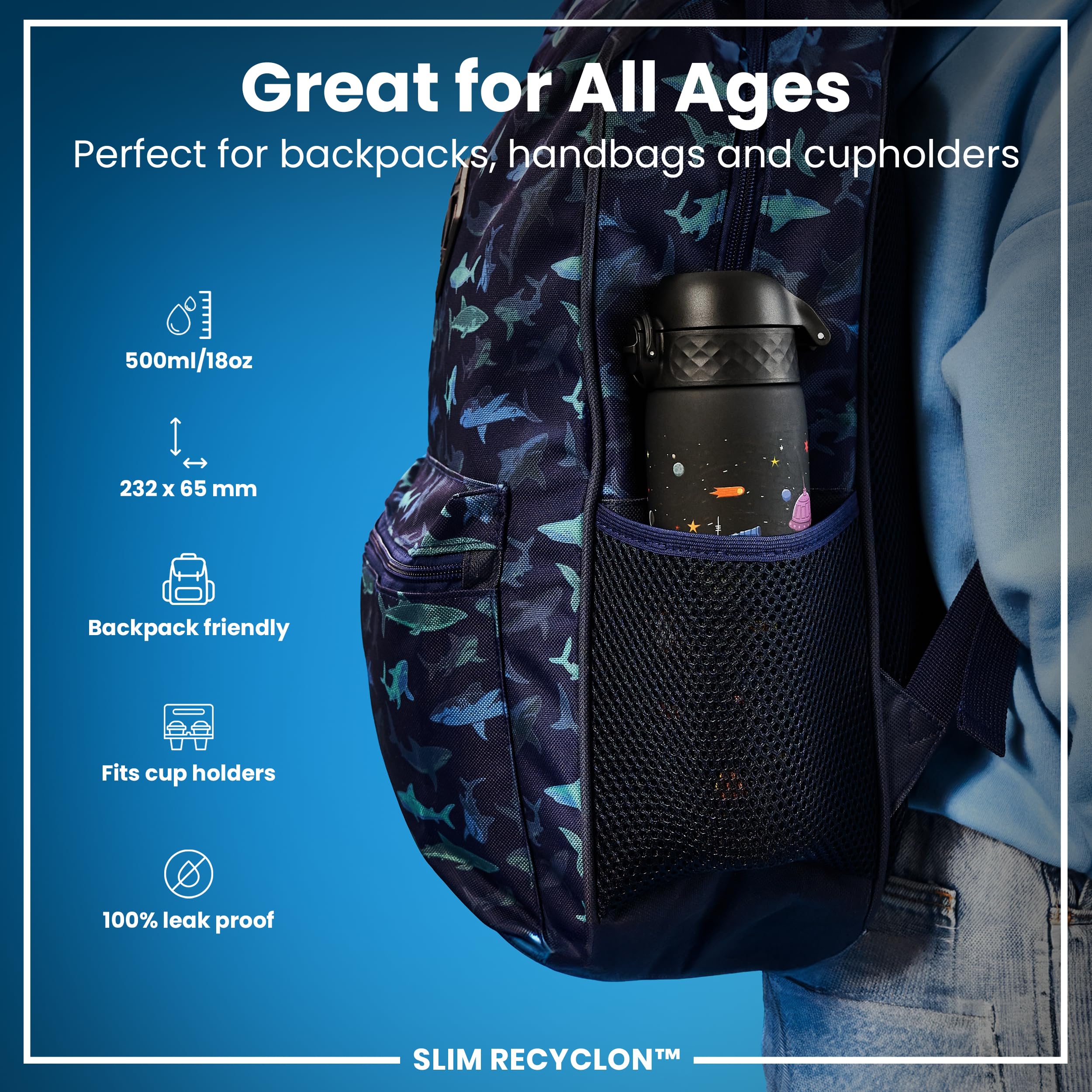 Ion8 Kids One Touch 20 On-The-go Printed Water Bottle - Leakproof and BPA-Free Water Bottle - Fits car cup Holders and Kids Backpacks 17 oz  500 ml - Space