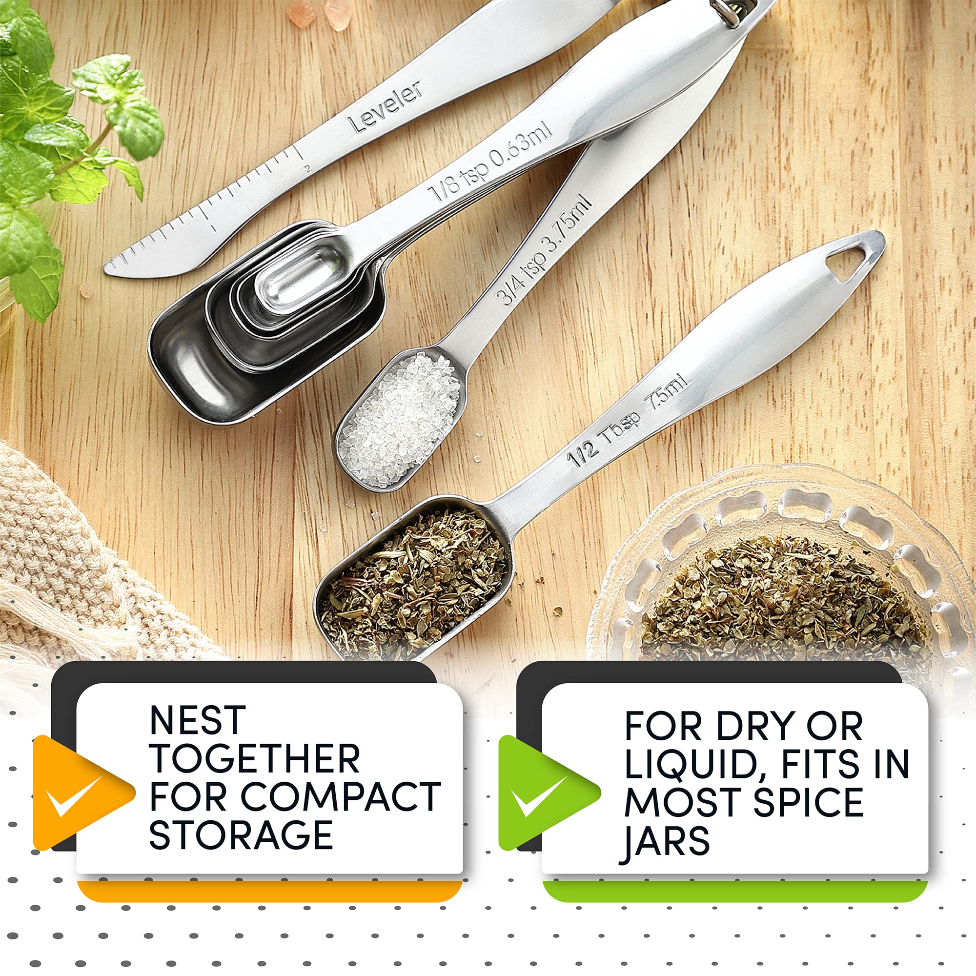 Spring Chef Stainless Steel Measuring Spoons Set Of 8 With Leveler, Metal Teaspoon & Tablespoon Measuring Spoons For Dry & Liqui