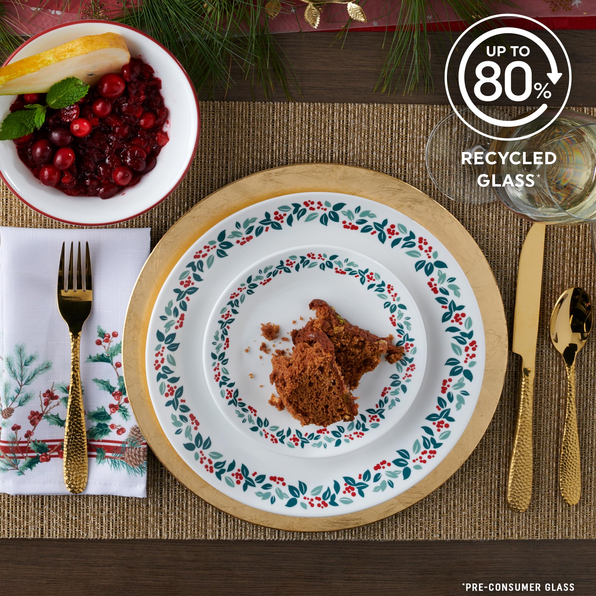 Corelle Vitrelle 18-Piece Christmas Service for 6 Dinnerware Set, Triple Layer Glass and Chip Resistant, Lightweight Round Holid