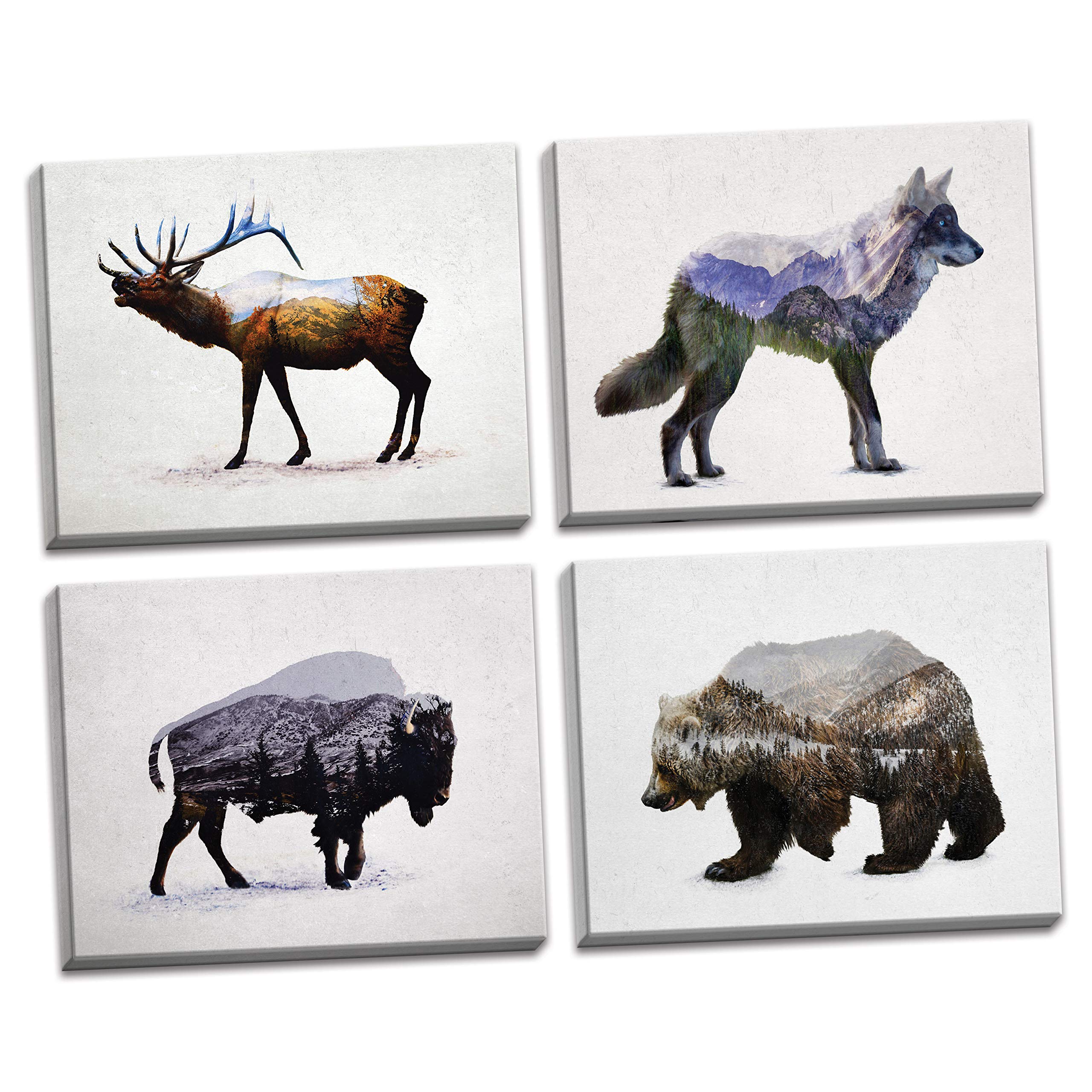 Rustic Elk, Bison, Wolf And Bear Landscape Set; Cabin Lodge Decor; Four 10X8In Hand-Stretched Canvases