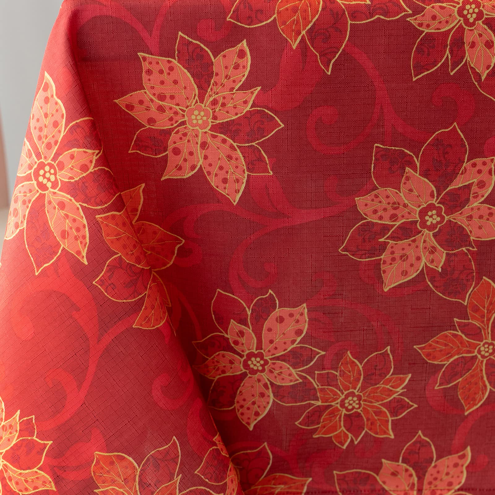Benson Mills Poinsettia Scroll Printed Rectangle Fabric Table Cloth, Winter, Holiday And Christmas Tablecloth (60'' X 120'' Rect