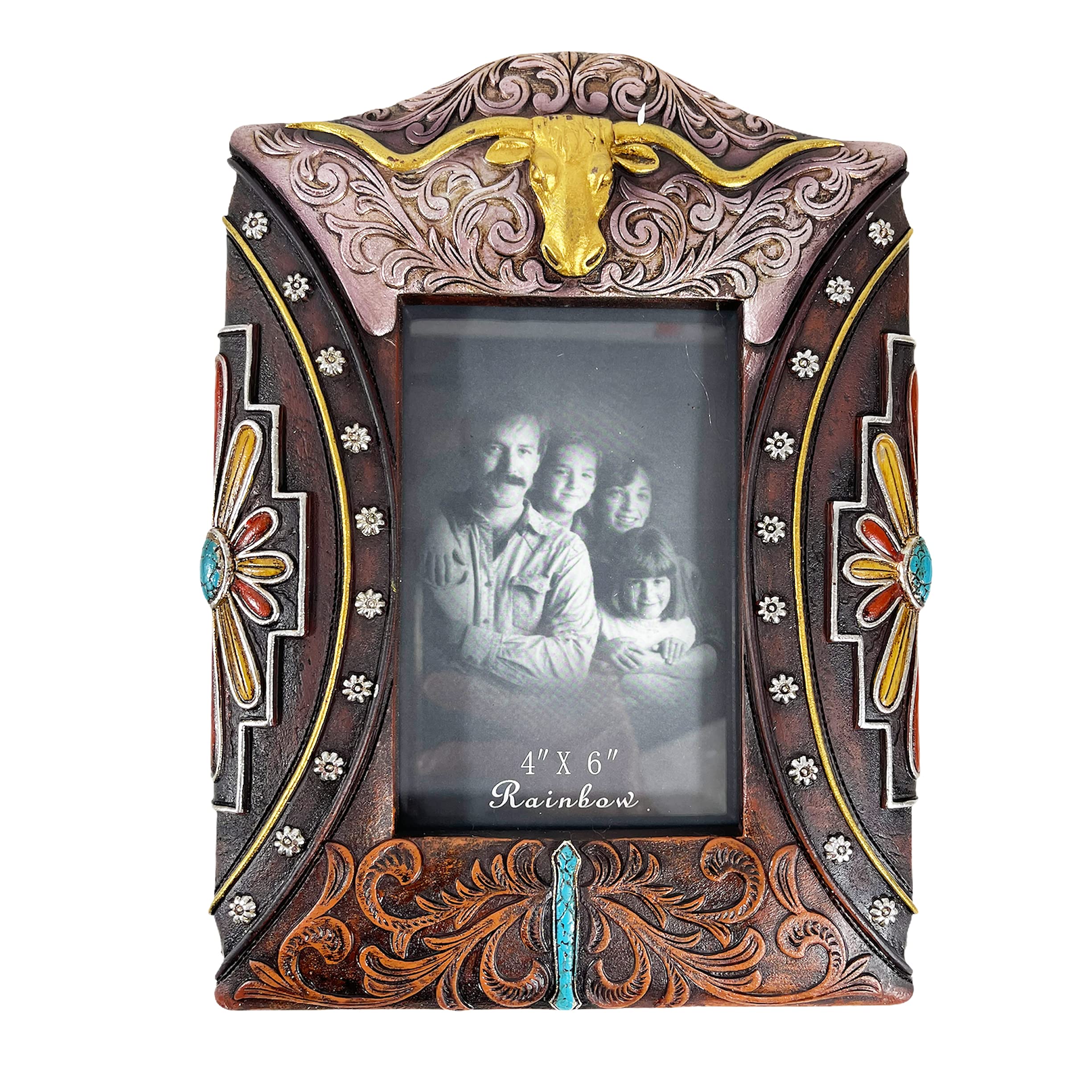 Urbalabs Cowboy Golden Longhorn Cow Teal Western Decor Picture Frame 4 x 6 Country Gifts Farmhouse Picture Frames Photo Frame Wa