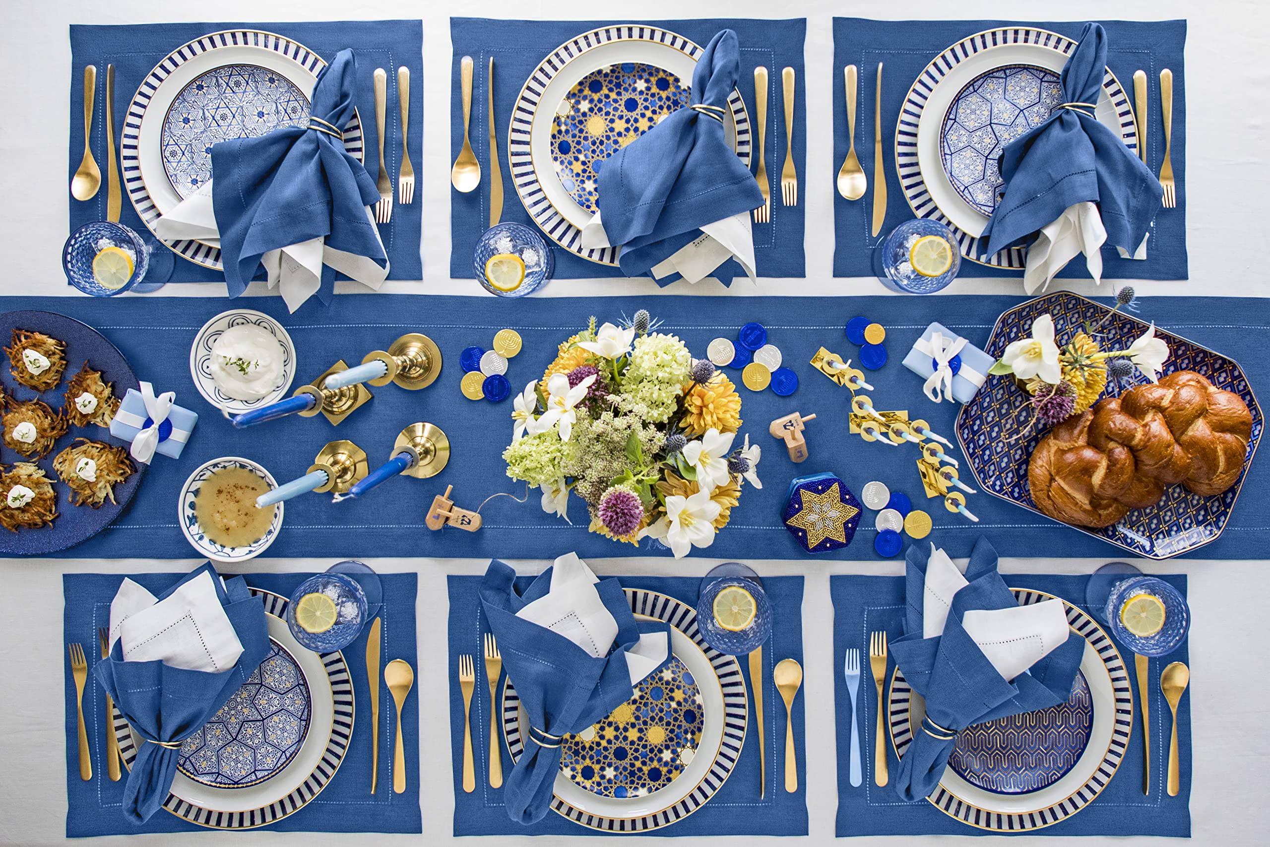 Solino Home Linen Indigo Blue Table Runner 90 Inches Long - 100% Pure Linen Classic Hemstitch Dining Table Runner 14 X 90 Inch I