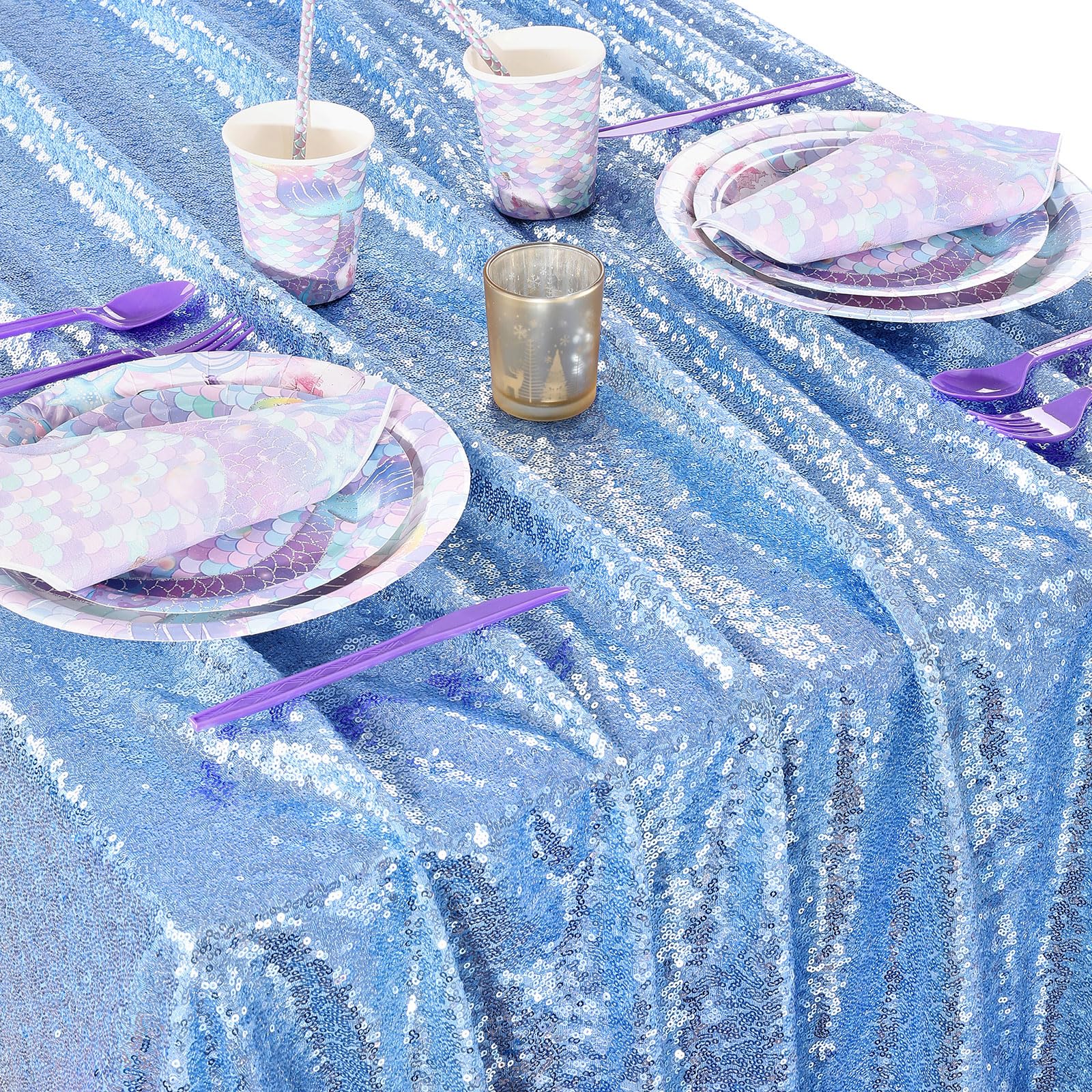 Queendream Sparkly Sequin Tablecloth - Baby Blue Table Cloth 50X80 Inches Rectangle Table Overlay Fabric For Birthday Parties Ba
