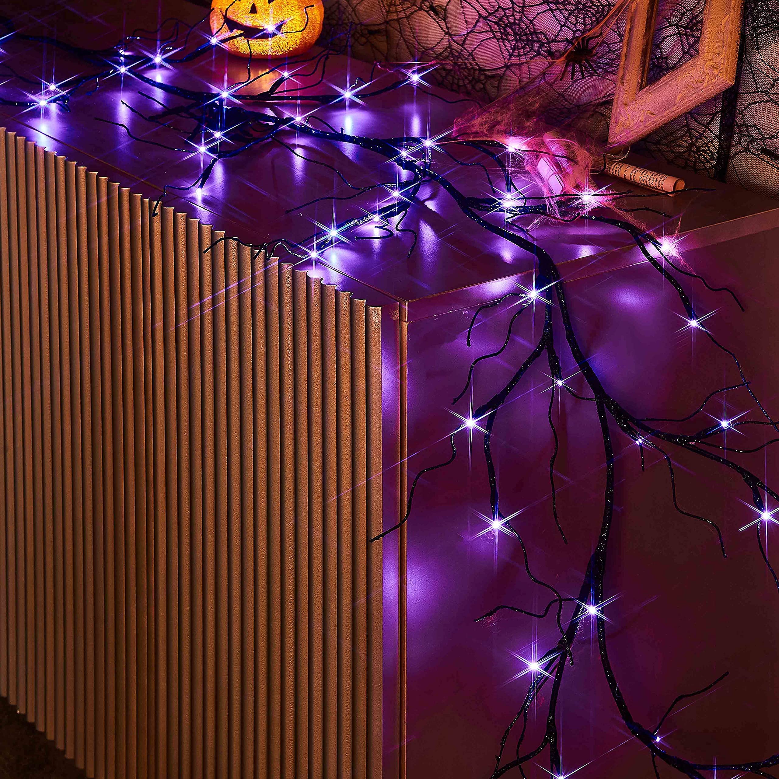 LITBLOOM Lighted Black Glittered Garland with 48 Orange and Purple Bi-Color Lights, Halloween Garland with Lights 8 Functions 6F