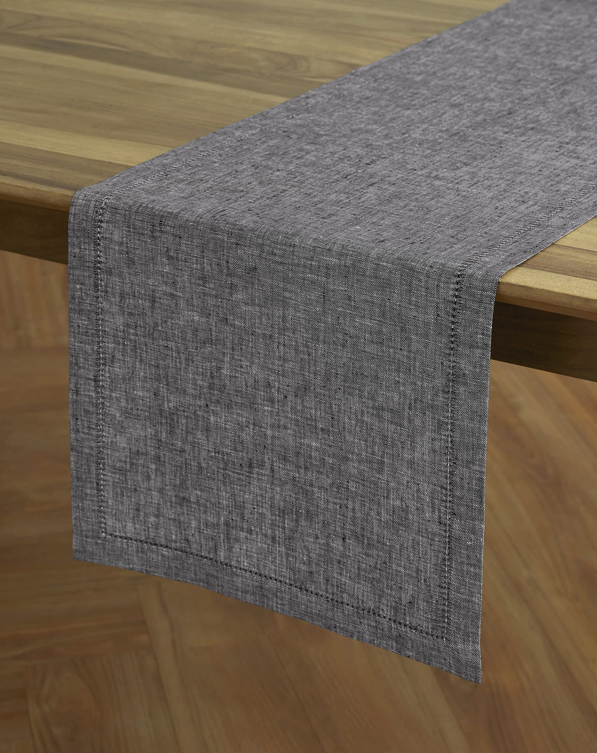Solino Home Linen Table Runner 14 x 72 Inch - Chambray Black  100% Pure Linen Hemstitch Table Runner for Spring  Summer  Dining - Milan  Machine Washable and Handcrafted from European Flax