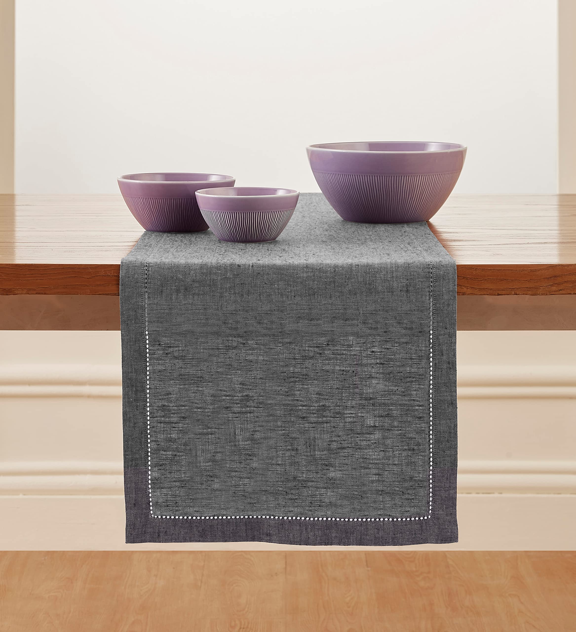 Solino Home Hemstitch Linen Table Runner Charcoal Grey - 100% Pure Linen 14 x 108 Inch Long Table Runner for Spring  Summer -