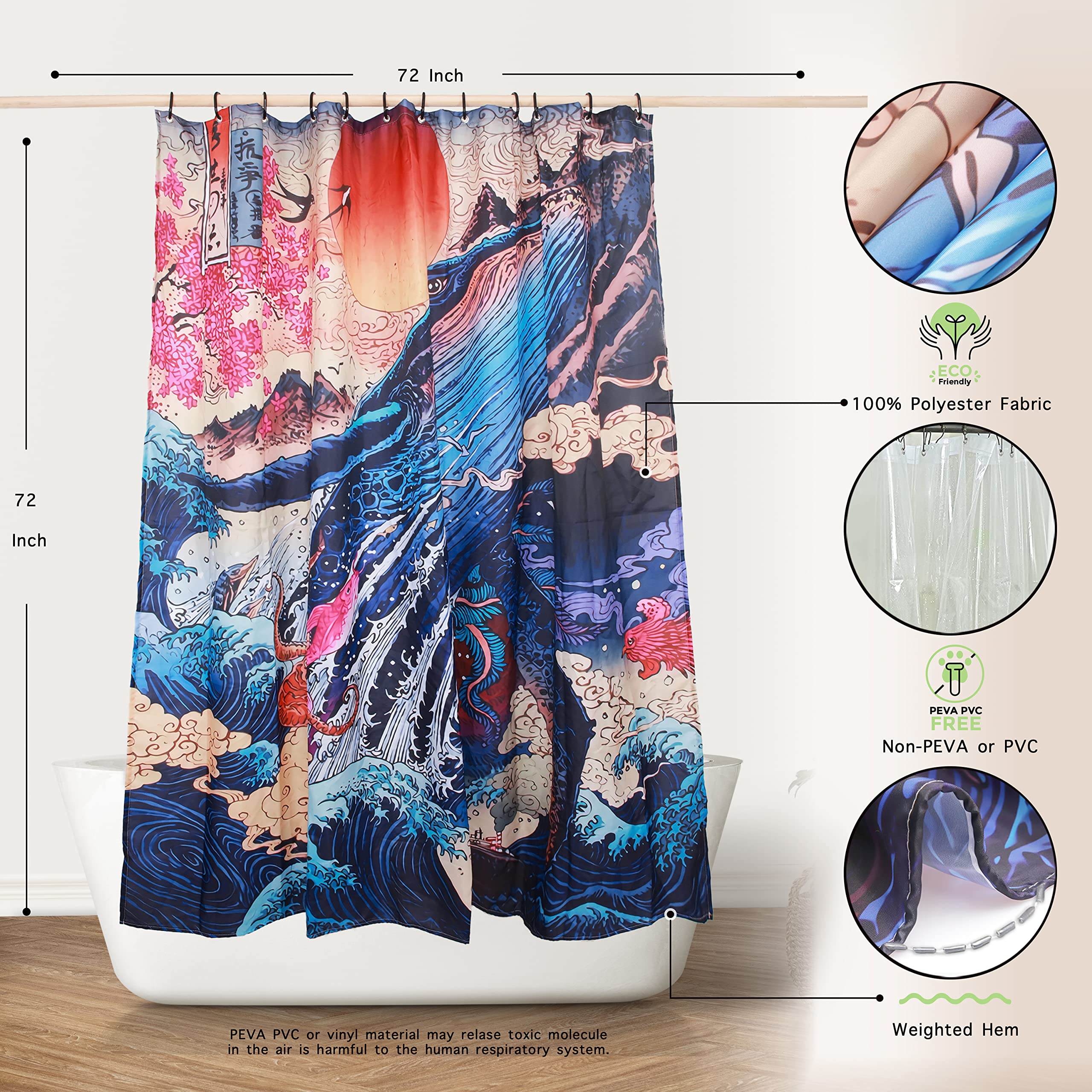 Spanker Space Cool Japanese Art Ukiyoe Sunrise Asian The Grave Waves Fly Whale Ocean Unique Fabric Waterproof Bath Shower Curtai