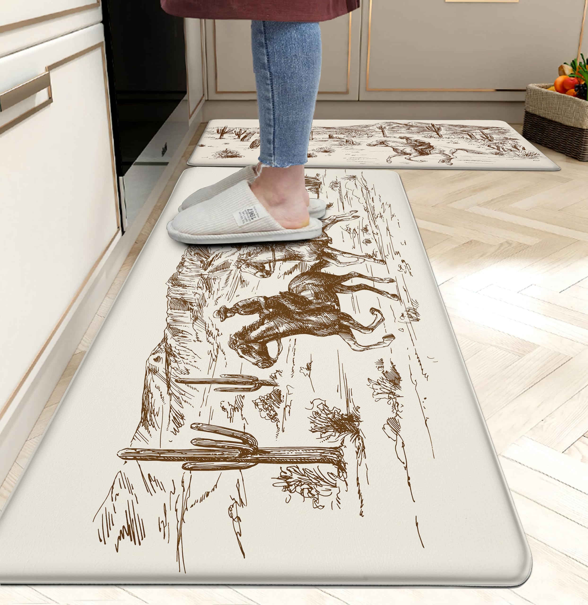 Western Kitchen Mat Rugs Set of 2 Aztec Anti Fatigue Non-Slip Kitchen mats for Floor Western Country Cactus Theme PVC Comfort Ma