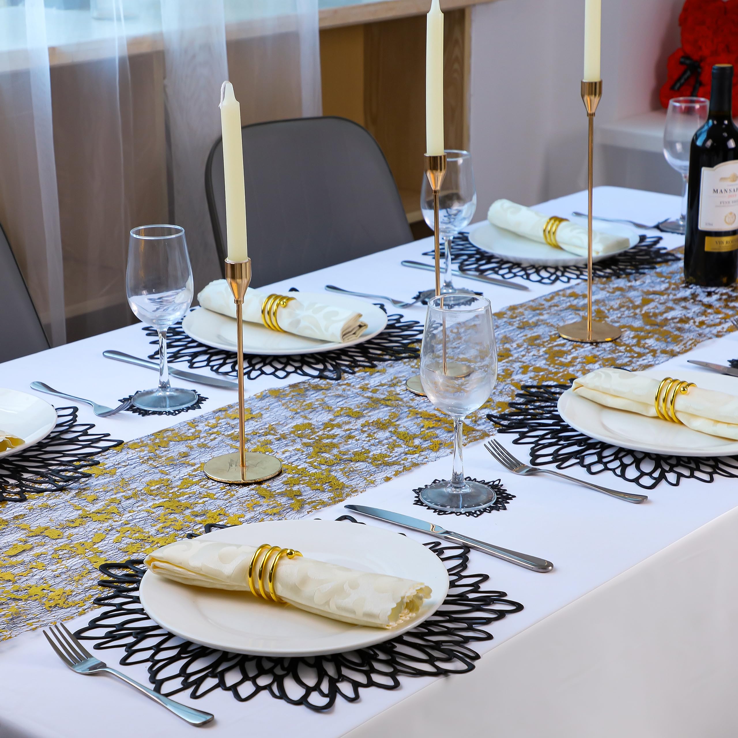 Pairs Of 18 Black Placemats & Coasters 36 Pcs Matching Washable Pressed Vinyl Laser Cut Dining Table Mats Round Floral Charger D