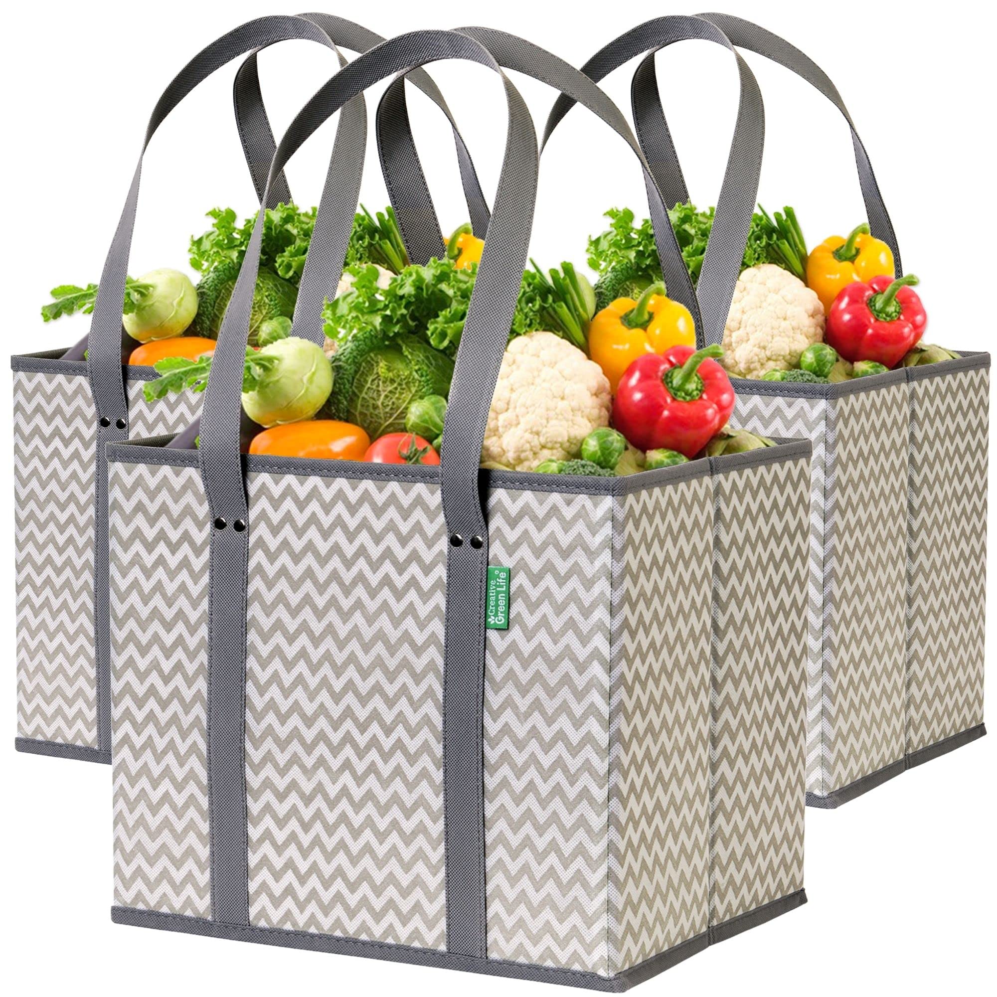 Creative Green Life 3 Pack Heavy Duty Reusable Grocery Bags with Hard Bottom & Strong Handles - Foldable, Durable, Easy to clean