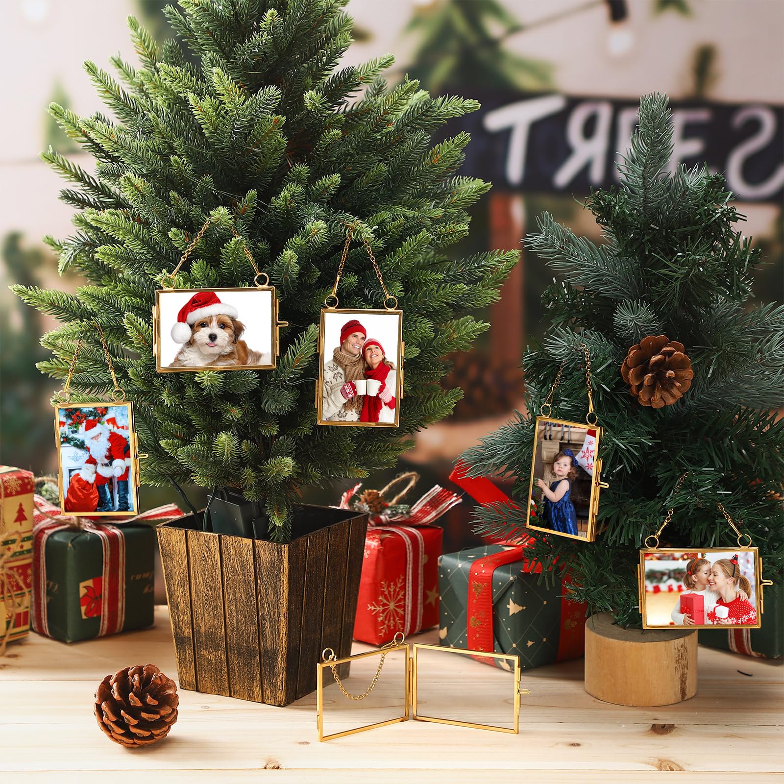 Qunclay 6 Pcs 2x3    3x2    Christmas Brass Picture Frame Ornaments Xmas Metal Double Glass Hanging Photo Frame with Metal Chain