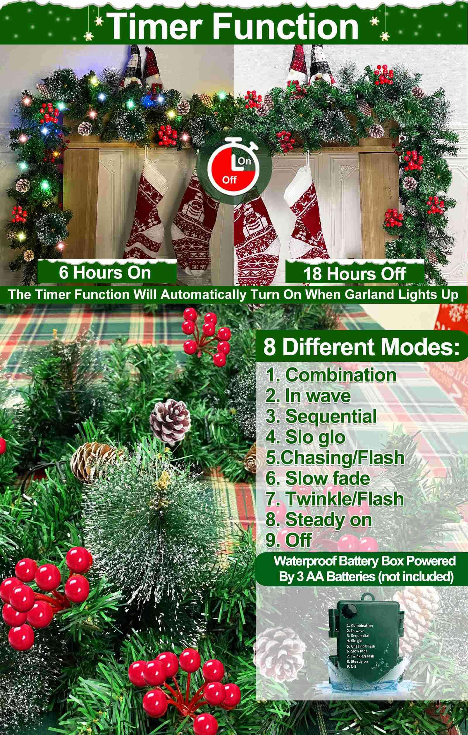[ Timer & 8 Modes ] TURNMEON 9 Ft Christmas Garland with 50 Colorful Lights Thicker 270 Branchs Tips 10 Pinecones 70 Red Berries