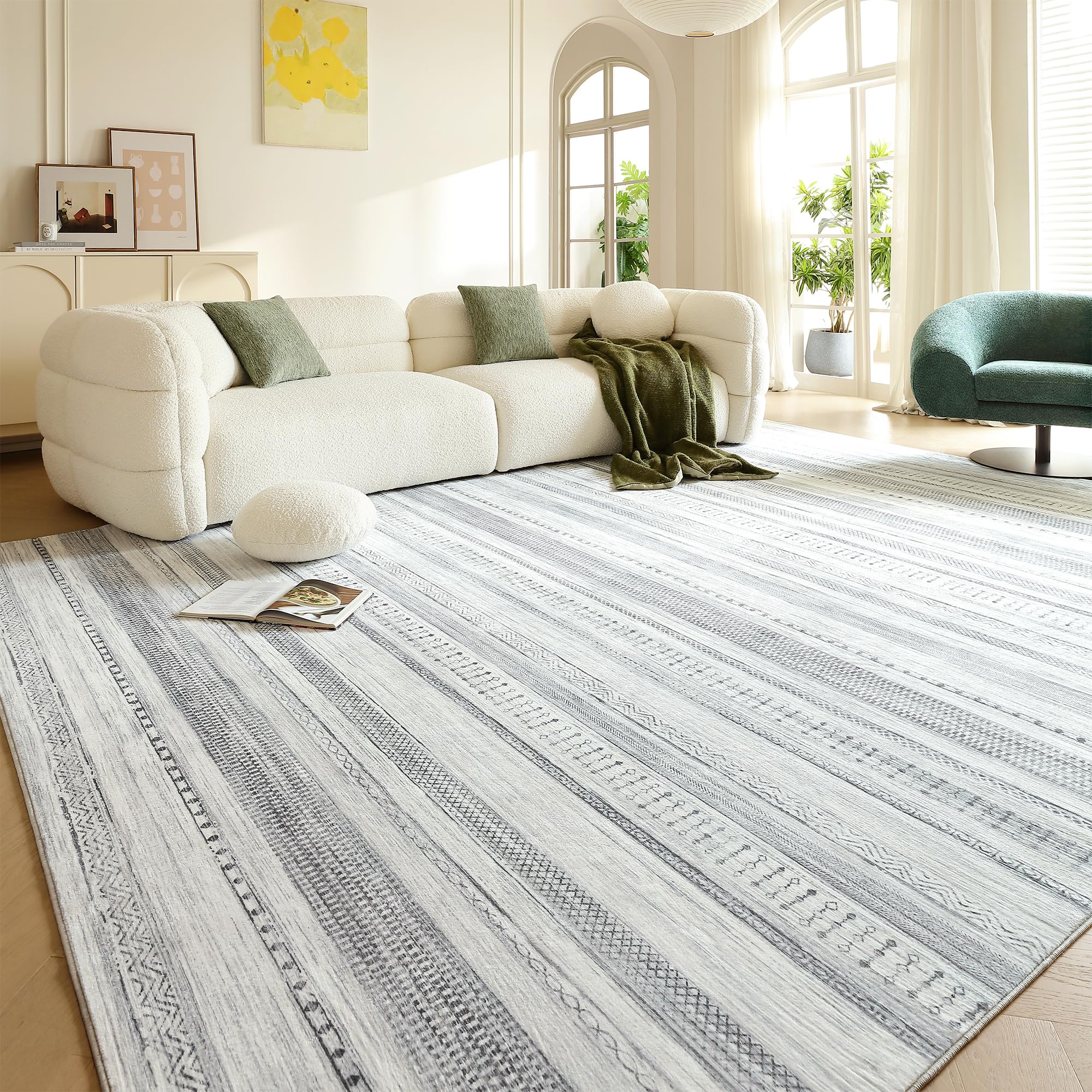 Boraya Area Rugs for Living Room: 8x10 Washable Boho Rug for Bedroom Large Neutral Bohemian Moroccan Farmhouse Geometric Dining 
