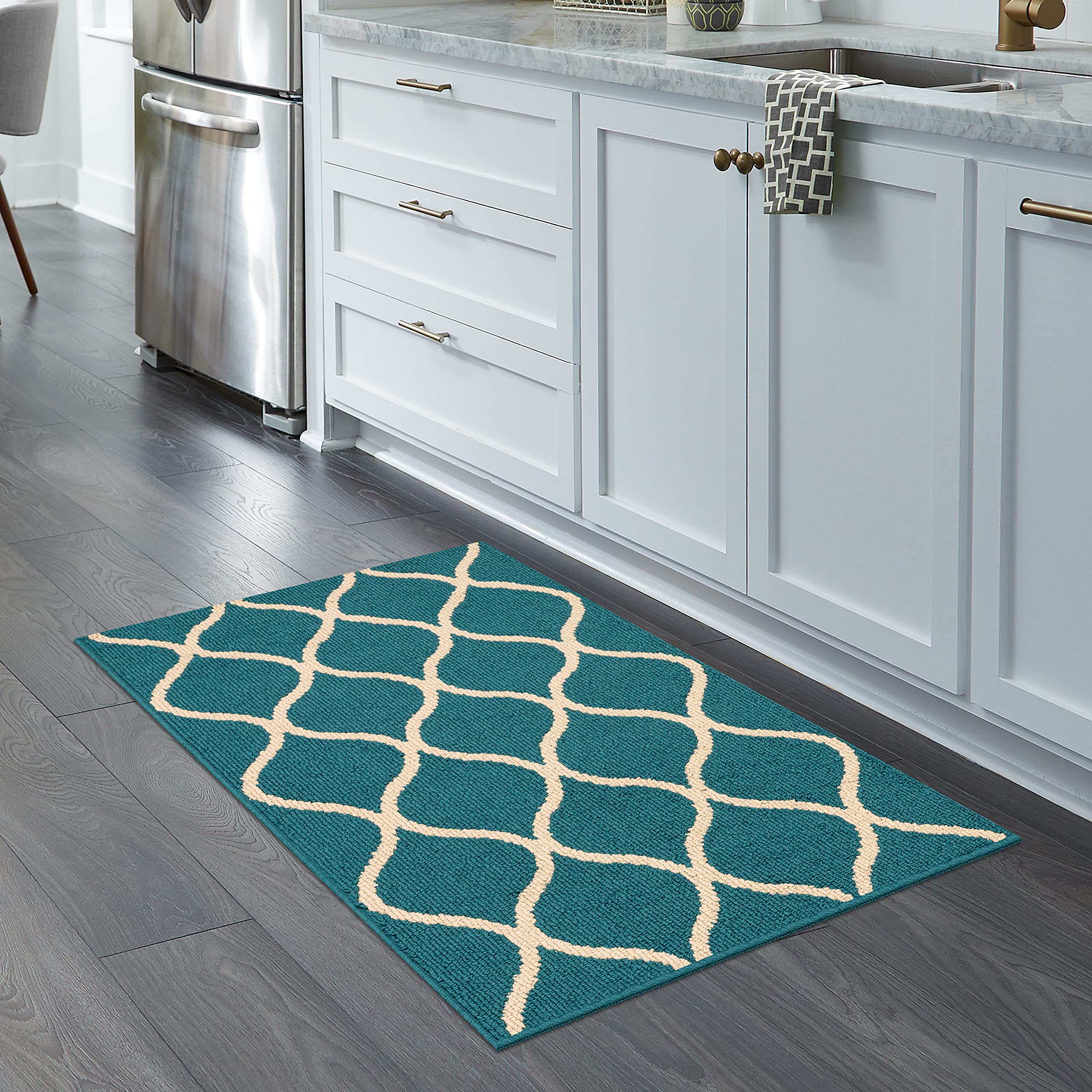 Maples Rugs Rebecca Contemporary Kitchen Rugs Non Skid Accent Area Carpet [Made in USA], 26 x 310, Teal/Sand