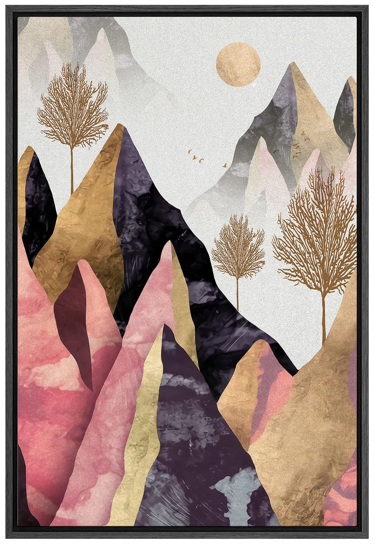 Signford Framed Canvas Print Wall Art Two-Tone Mountains With Gold Trees & Sun Abstract Wilderness Illustrations Modern Art Cont