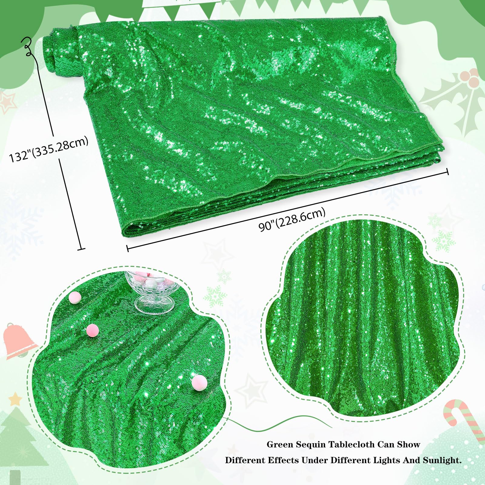 Queendream Rectangle Tablecloth 90X132 Inches Green Sequin Table Clothes Overlay Birthday Decorations